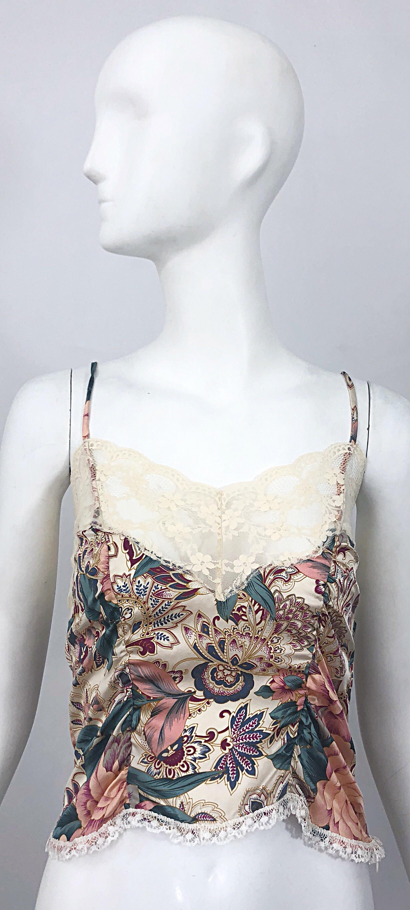Voyage 1990s Silk Lace Sz 4 Paisley Flower Print Vintage 90s Crop Top Shirt 7