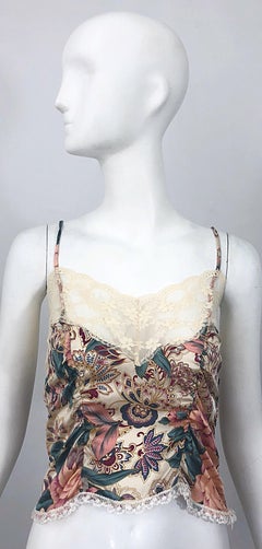 Voyage 1990s Silk Lace Sz 4 Paisley Flower Print Vintage 90s Crop Top Shirt