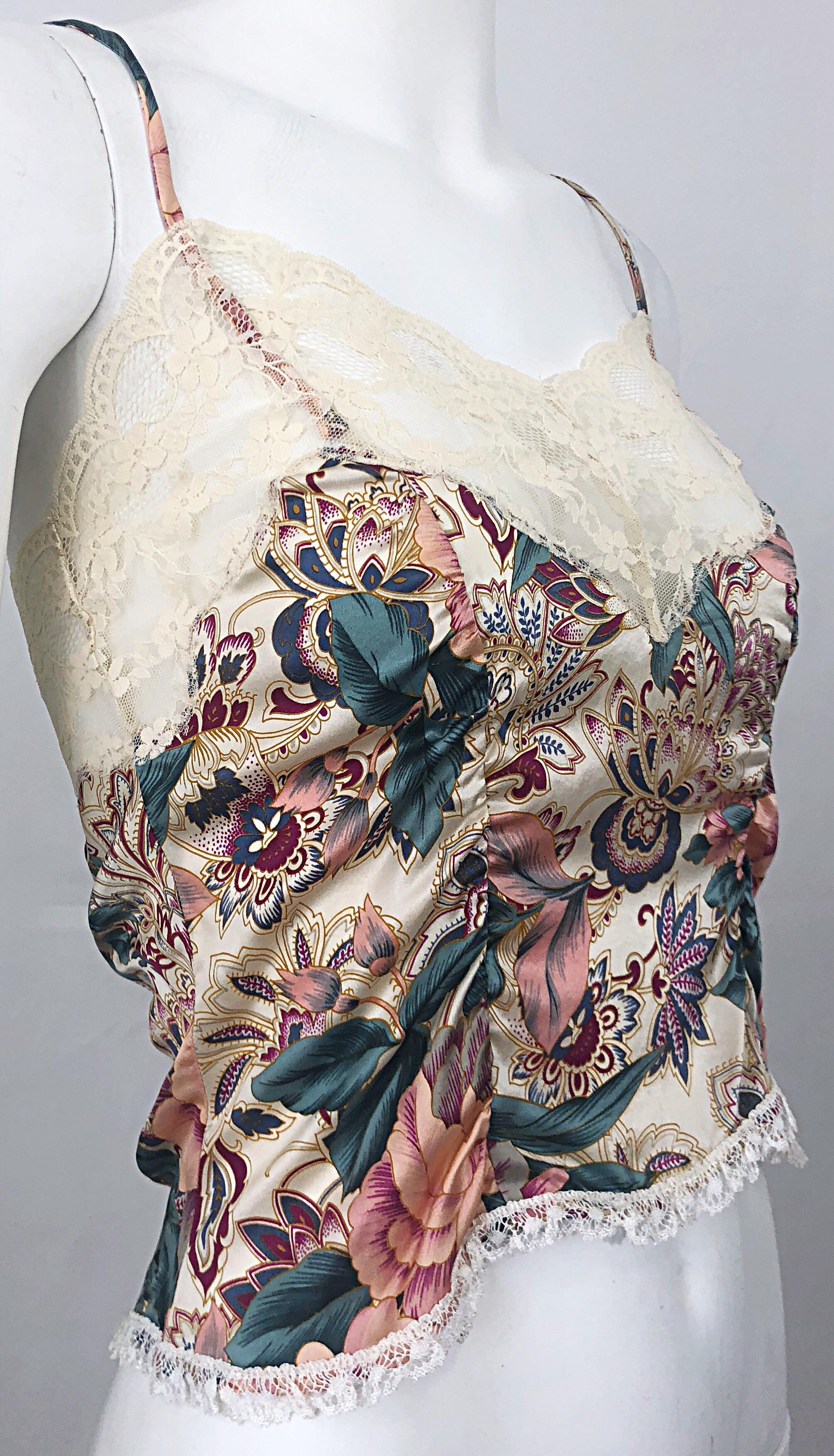 Beige Voyage 1990s Silk Lace Sz 4 Paisley Flower Print Vintage 90s Crop Top Shirt