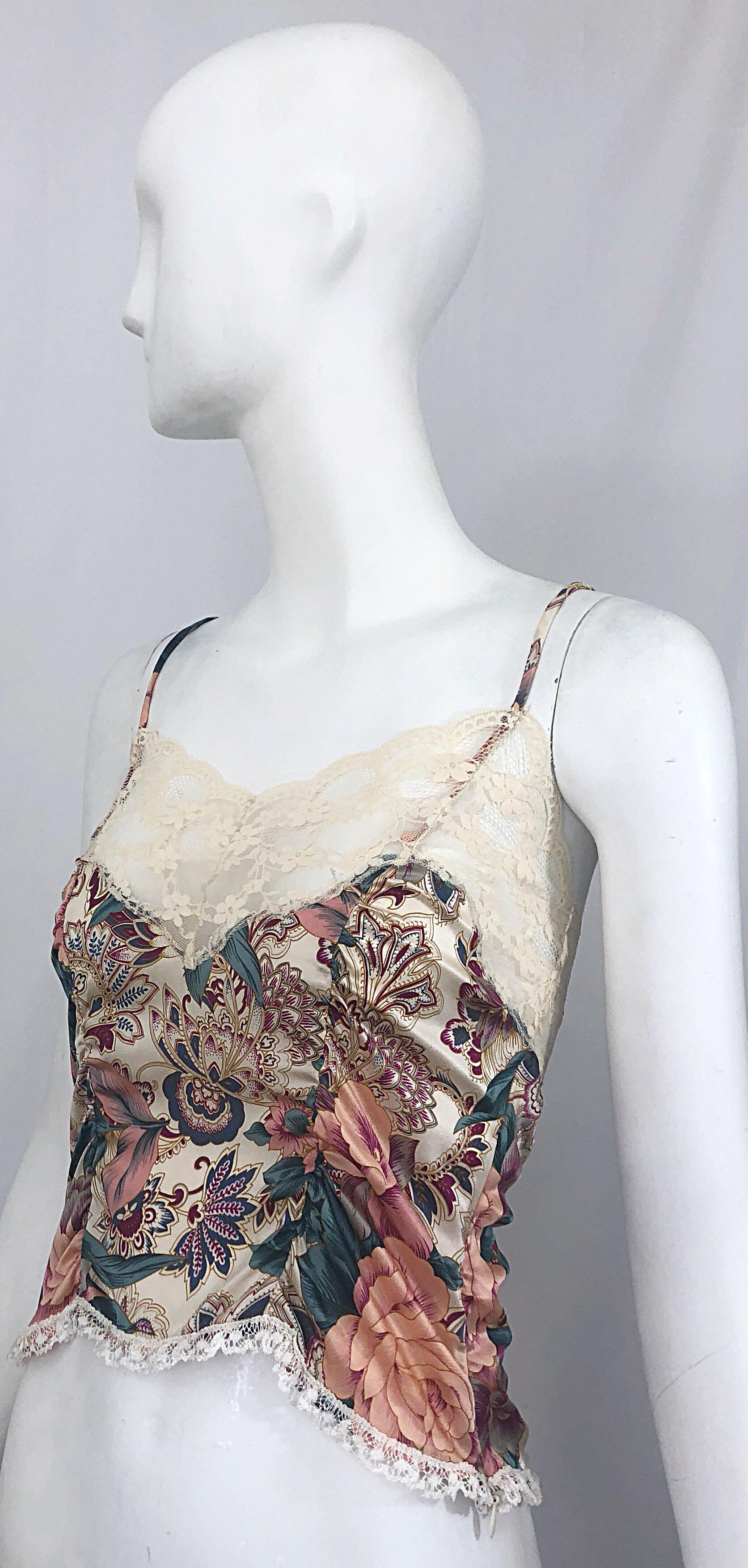 Voyage 1990s Silk Lace Sz 4 Paisley Flower Print Vintage 90s Crop Top Shirt In Excellent Condition In San Diego, CA
