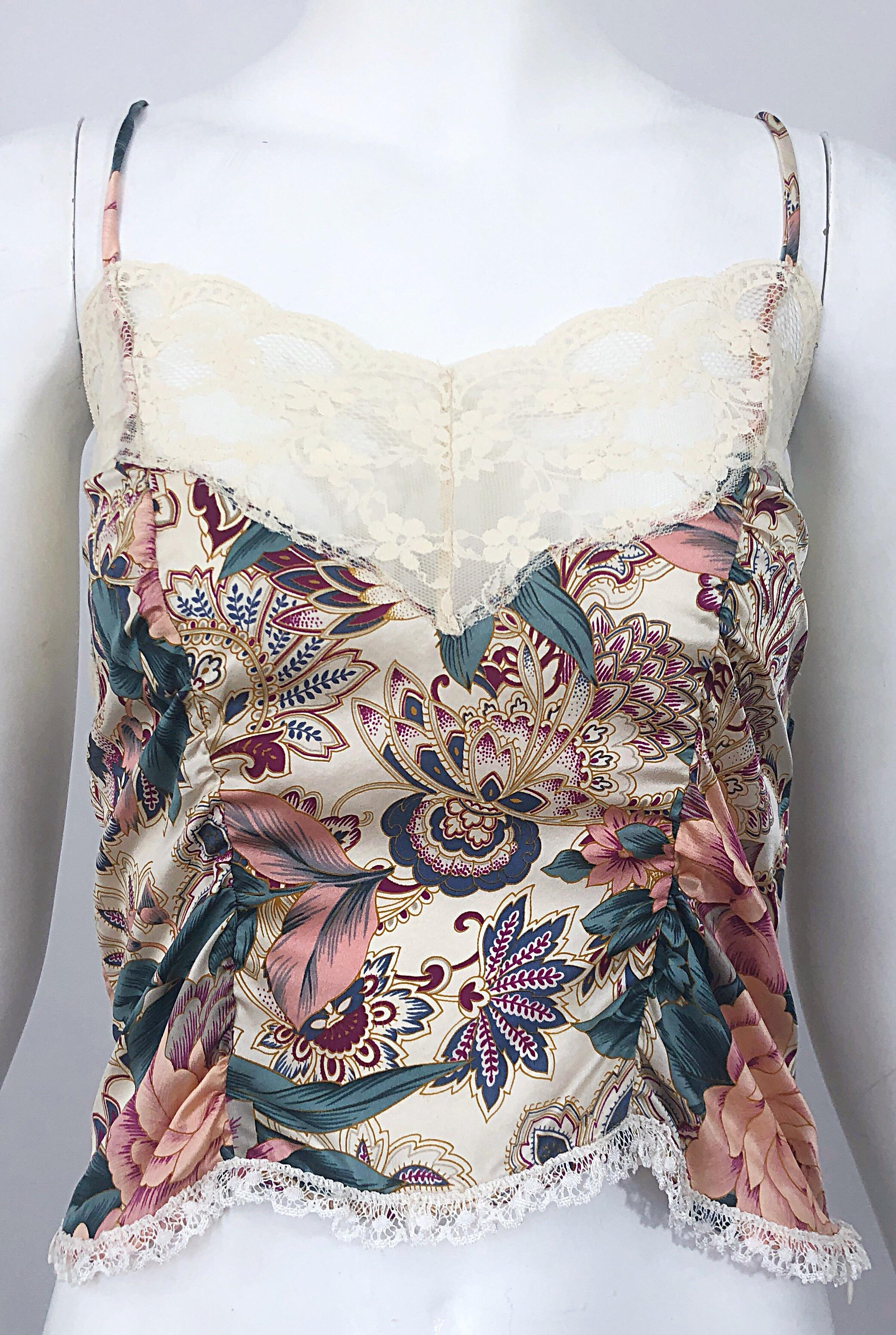 Voyage 1990s Silk Lace Sz 4 Paisley Flower Print Vintage 90s Crop Top Shirt 1