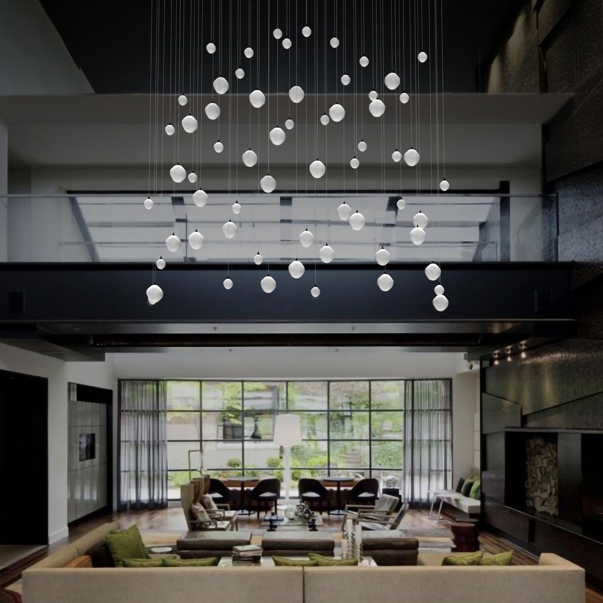 Hand-Crafted  Voyage Cluster Asymmetrical Pendant Chandelier with 62 LED Lights, High Ceiling For Sale