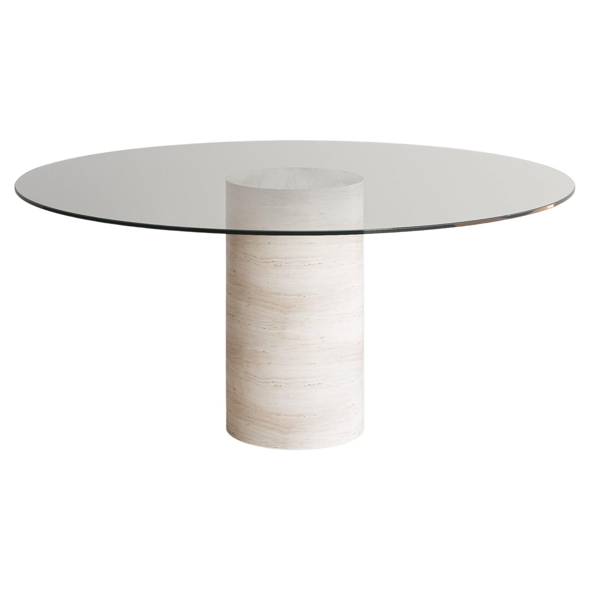 Voyage Dining Table I 'Glass'in Bianco Travertine For Sale
