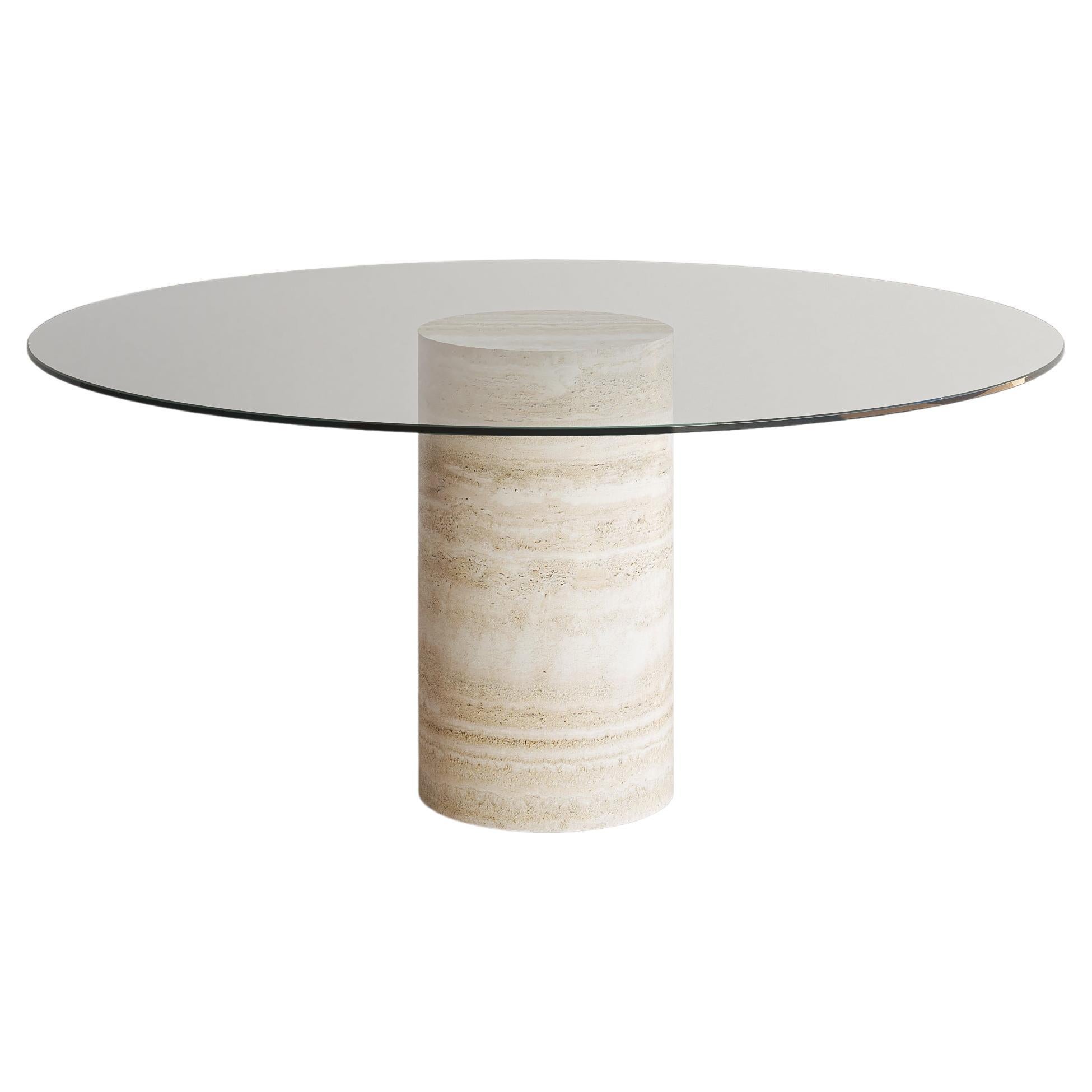 Voyage Dining Table I (Glass) in Nude Travertine For Sale