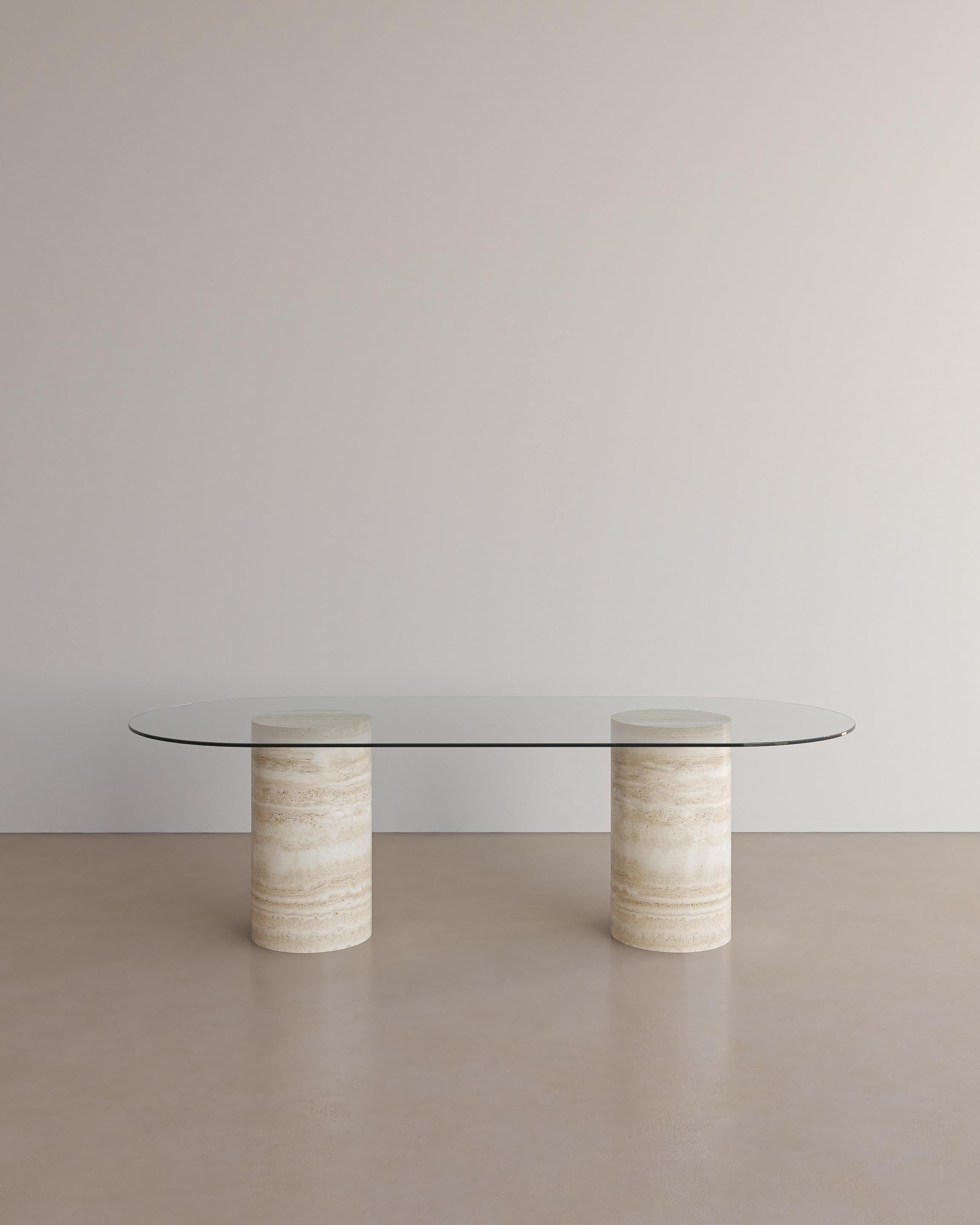 Voyage Dining Table ii 'Glass' in Bianco Travertine In New Condition For Sale In ROSE BAY, AU