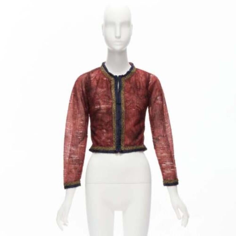 VOYAGE INVEST IN THE ORIGINAL LONDON burgundy sheer gold black cropped jacket For Sale 5