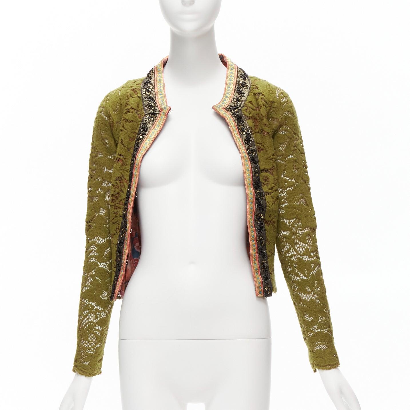 Brown VOYAGE INVEST IN THE ORIGINAL LONDON gold beaded trim green lace wool jacket M For Sale