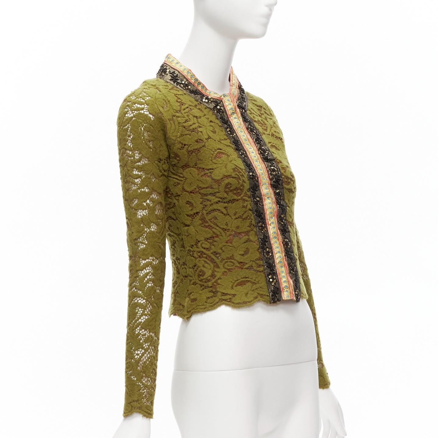 VOYAGE INVEST IN THE ORIGINAL LONDON gold beaded trim green lace wool jacket M In Good Condition For Sale In Hong Kong, NT