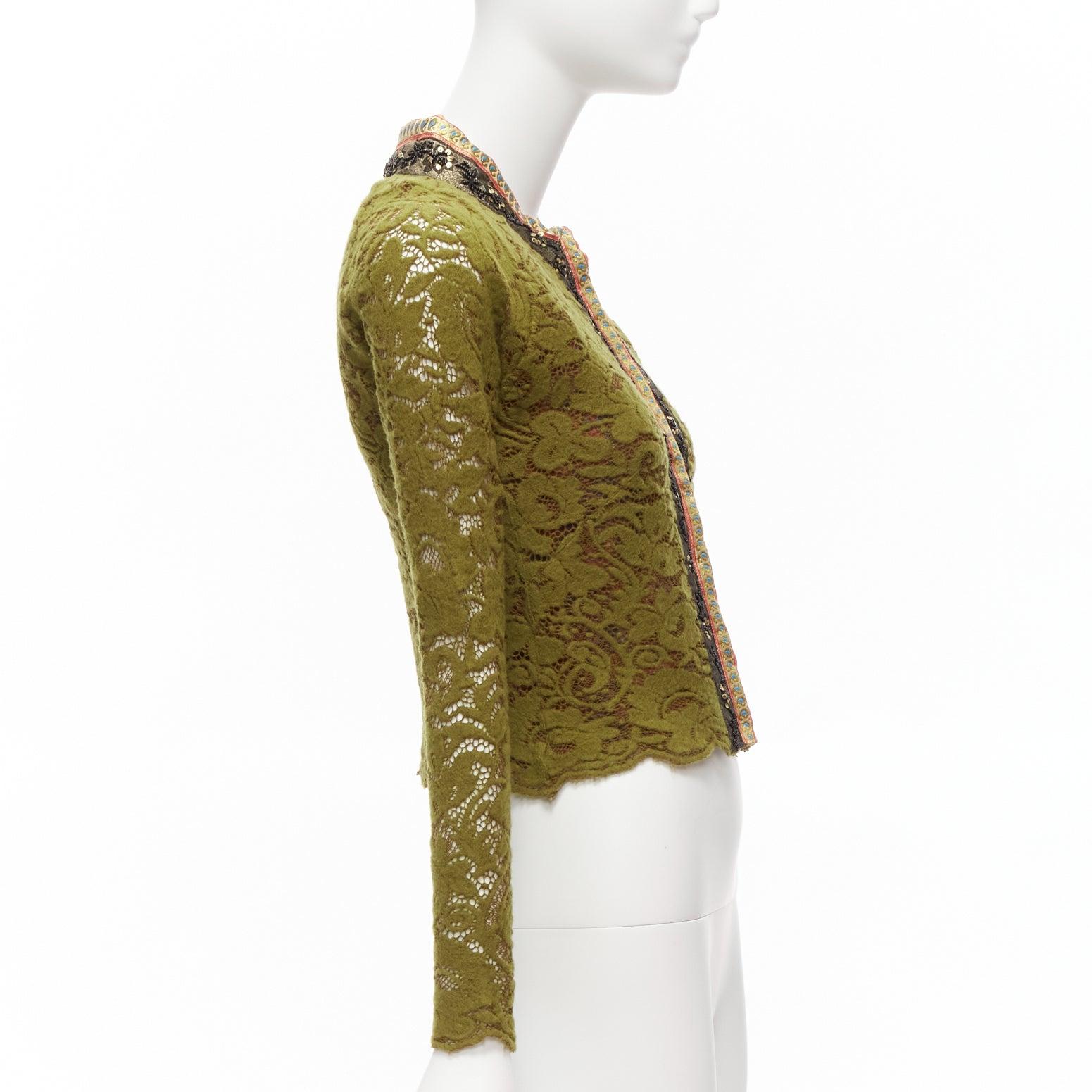 Women's VOYAGE INVEST IN THE ORIGINAL LONDON gold beaded trim green lace wool jacket M For Sale