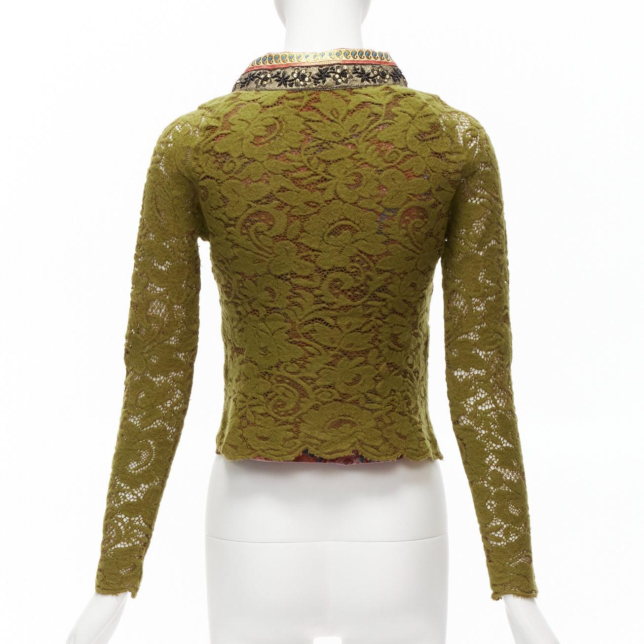VOYAGE INVEST IN THE ORIGINAL LONDON gold beaded trim green lace wool jacket M For Sale 1