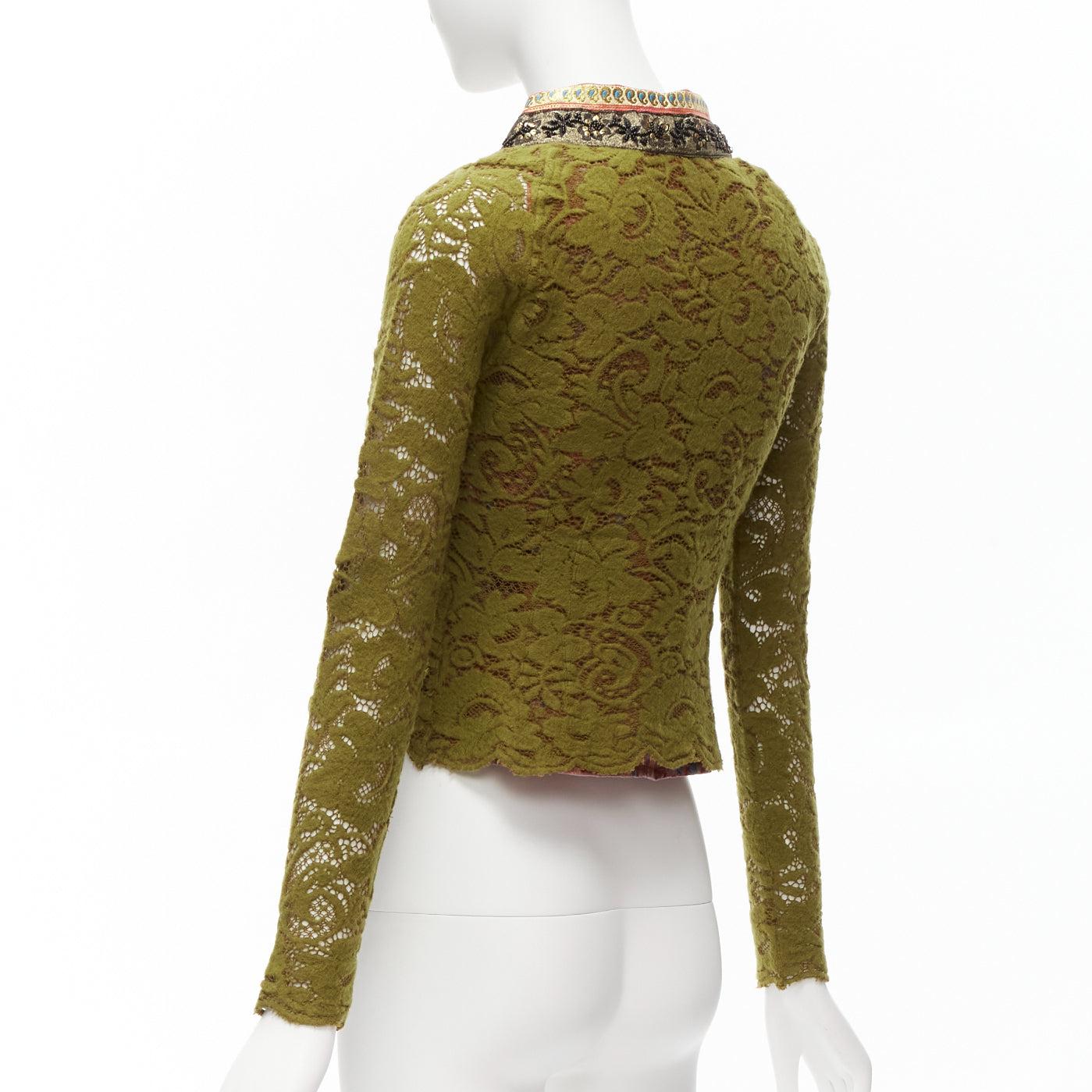 VOYAGE INVEST IN THE ORIGINAL LONDON gold beaded trim green lace wool jacket M For Sale 2