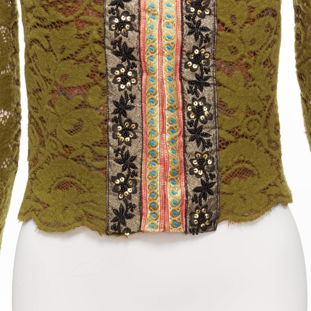 VOYAGE INVEST IN THE ORIGINAL LONDON gold beaded trim green lace wool jacket M For Sale 3