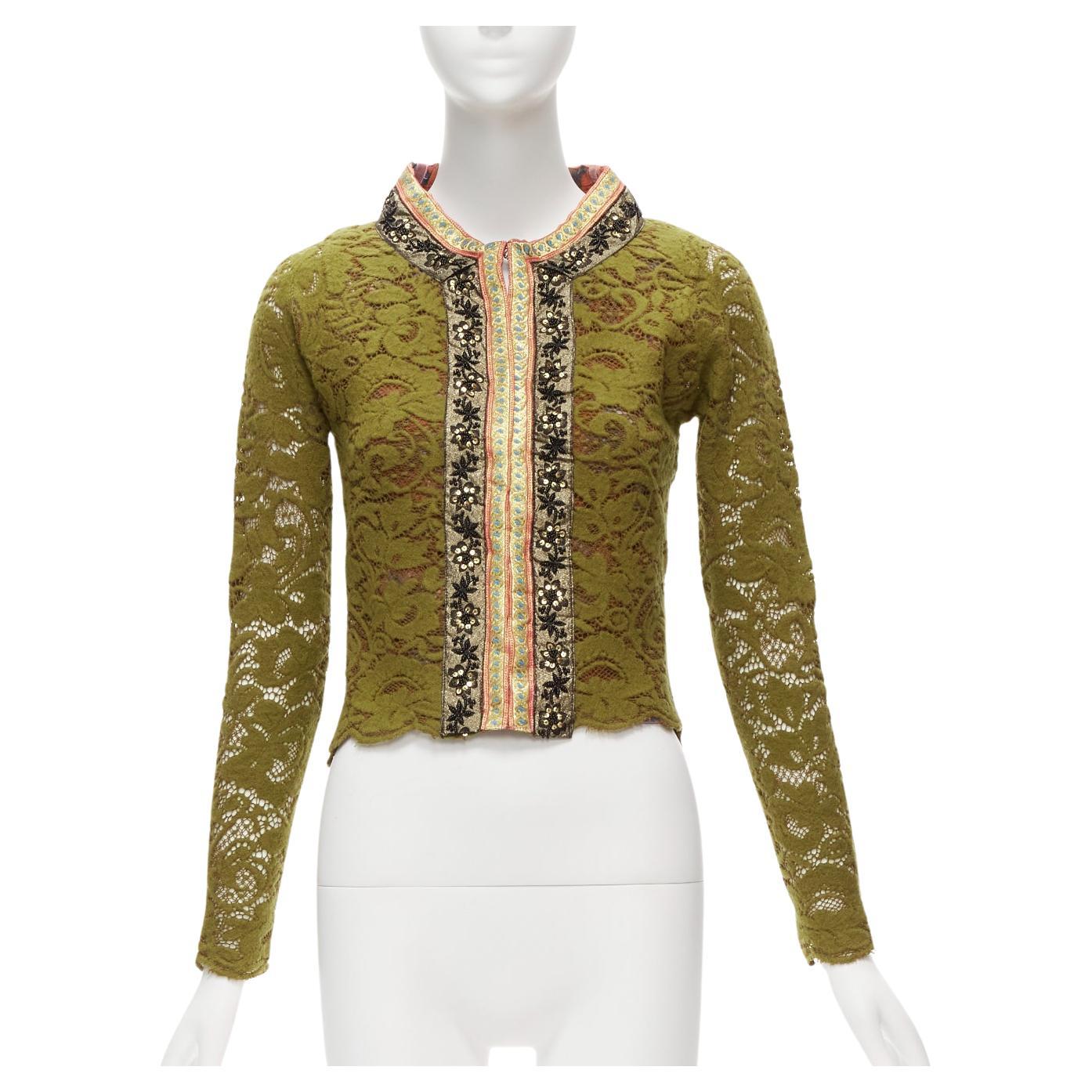VOYAGE INVEST IN THE ORIGINAL LONDON gold beaded trim green lace wool jacket M For Sale