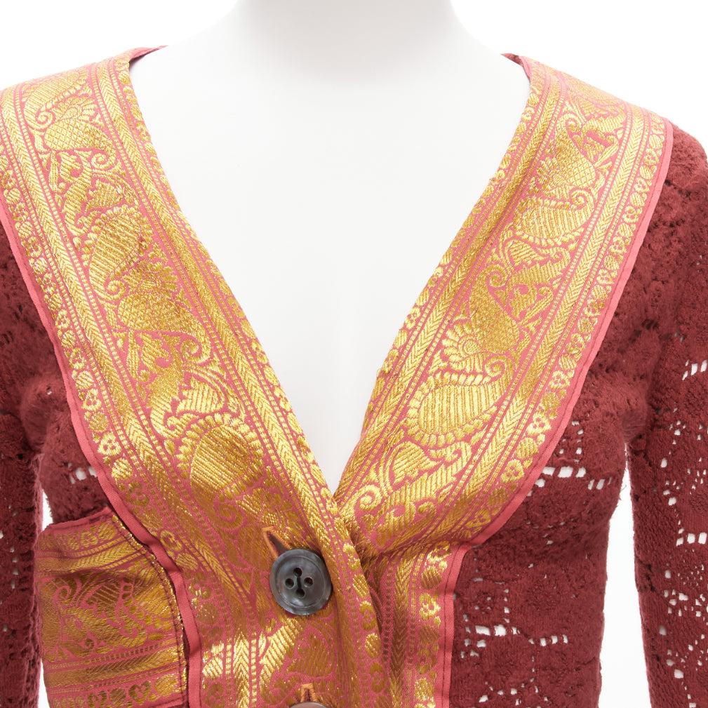 VOYAGE INVEST IN THE ORIGINAL LONDON gold brocade trim lace eyelet cardigan M For Sale 3