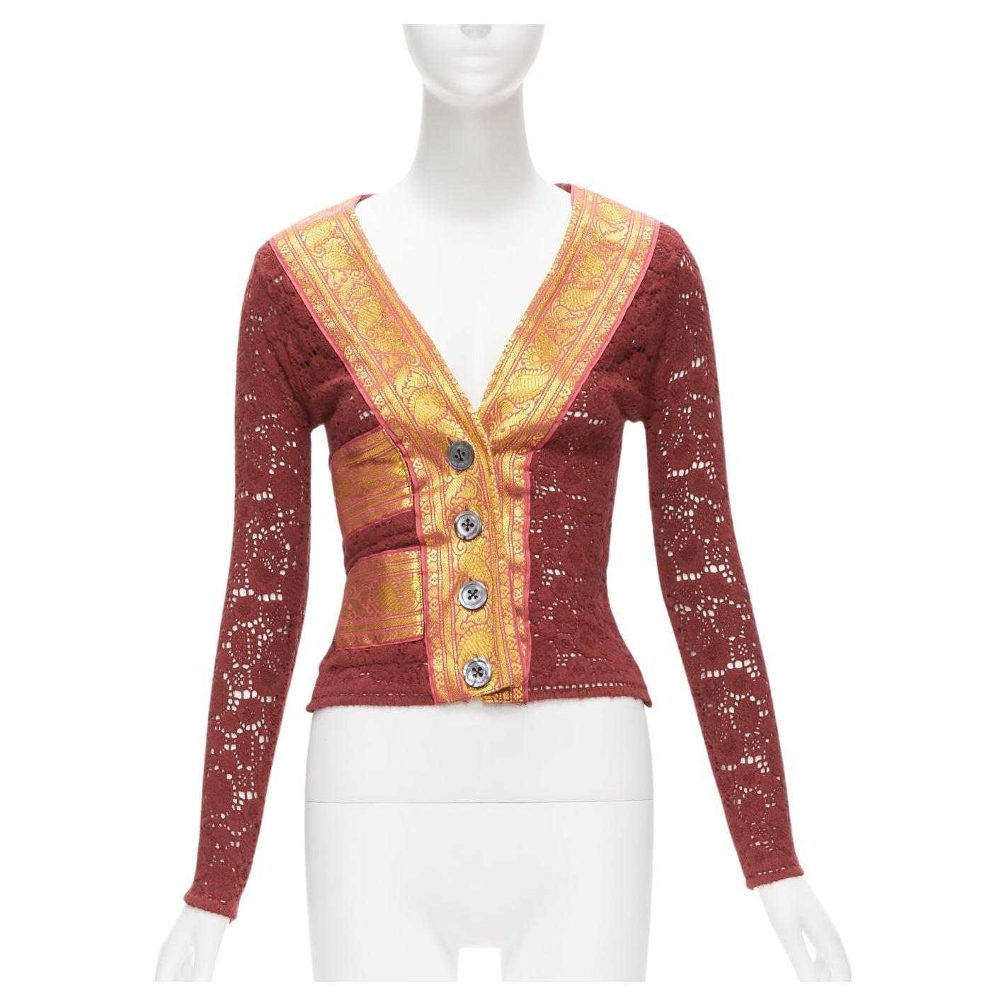 VOYAGE INVEST IN THE ORIGINAL LONDON gold brocade trim lace eyelet cardigan M For Sale