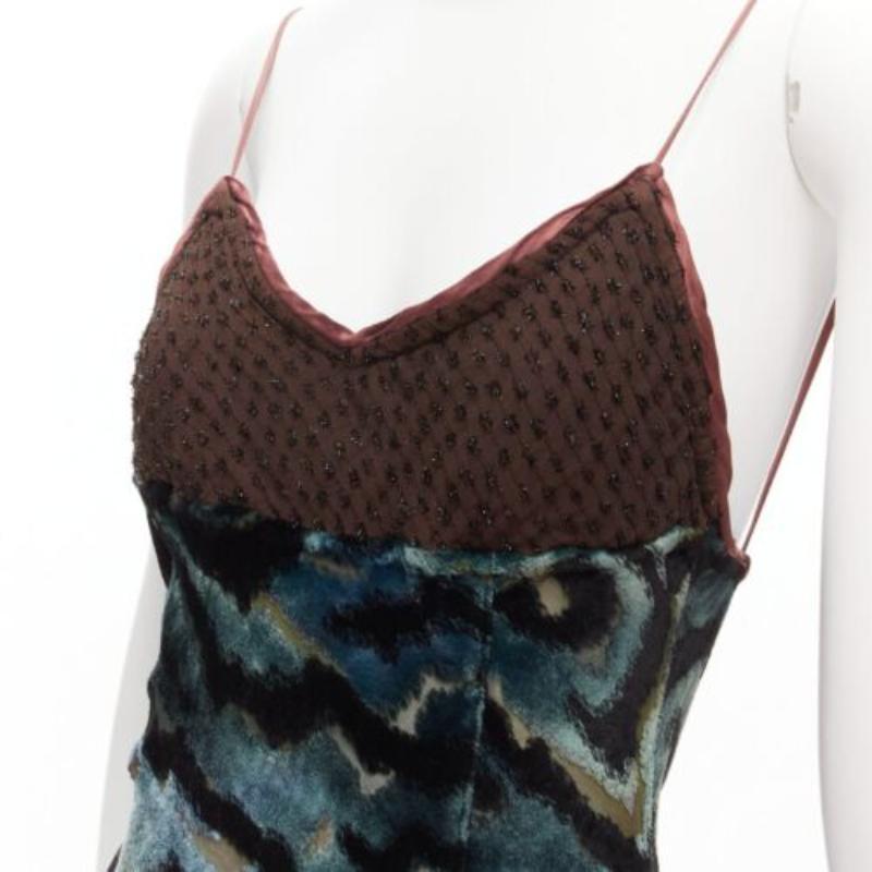VOYAGE INVEST IN THE ORIGINAL LONDON green swirl velvet embroidered slip dress
Reference: GIYG/A00358
Brand: Invest in the original Voyage
Material: Rayon, Silk
Color: Green, Brown
Pattern: Abstract
Closure: Button
Lining: Green 
Extra Details: