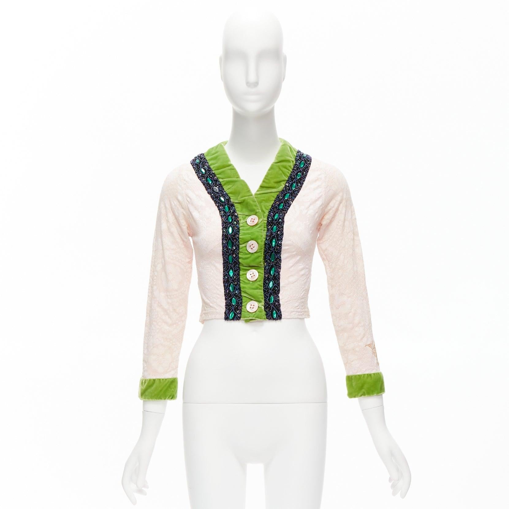 Voyage London INVESTIRE NELL'ORIGINALE LONDRA giacca in velluto verde e pizzo rosa con perline M. in vendita 5