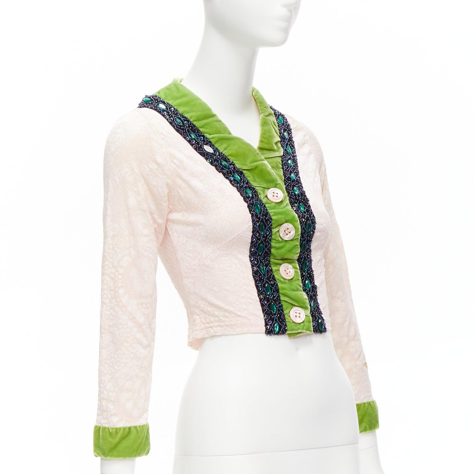 VOYAGE INVEST IN THE ORIGINAL LONDON green velvet pink lace beaded jacket M In Excellent Condition For Sale In Hong Kong, NT