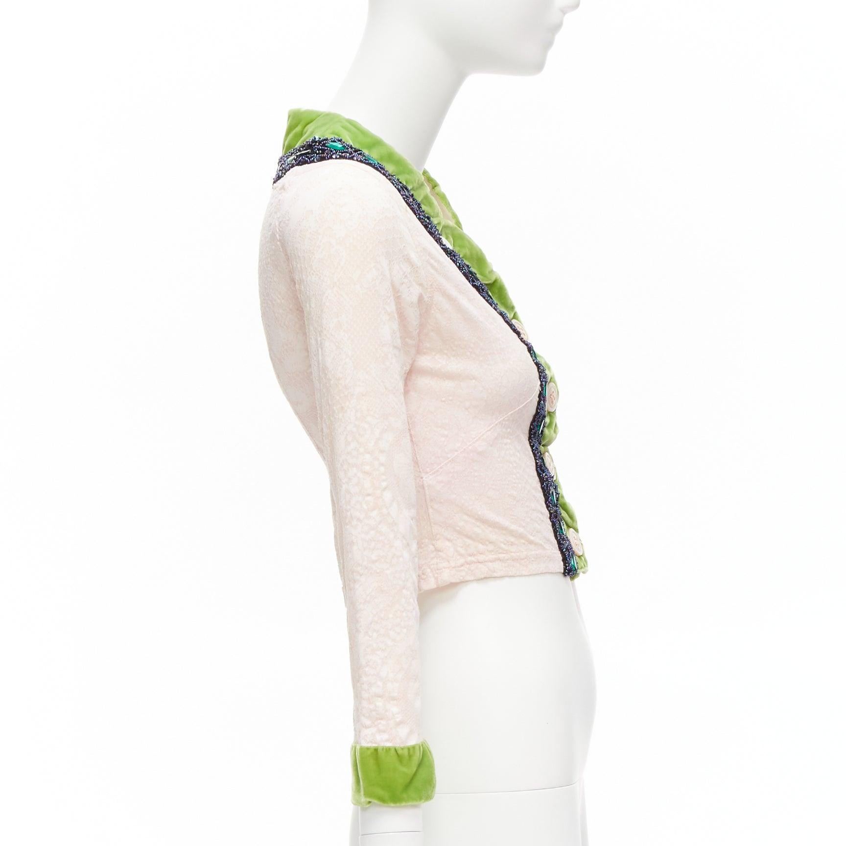 Women's VOYAGE INVEST IN THE ORIGINAL LONDON green velvet pink lace beaded jacket M For Sale
