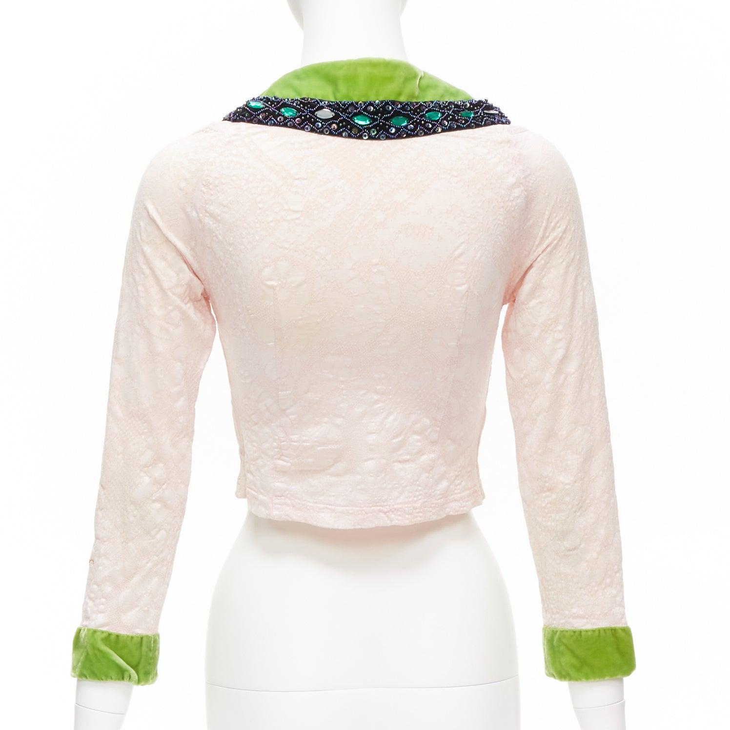 VOYAGE INVEST IN THE ORIGINAL LONDON green velvet pink lace beaded jacket M For Sale 1