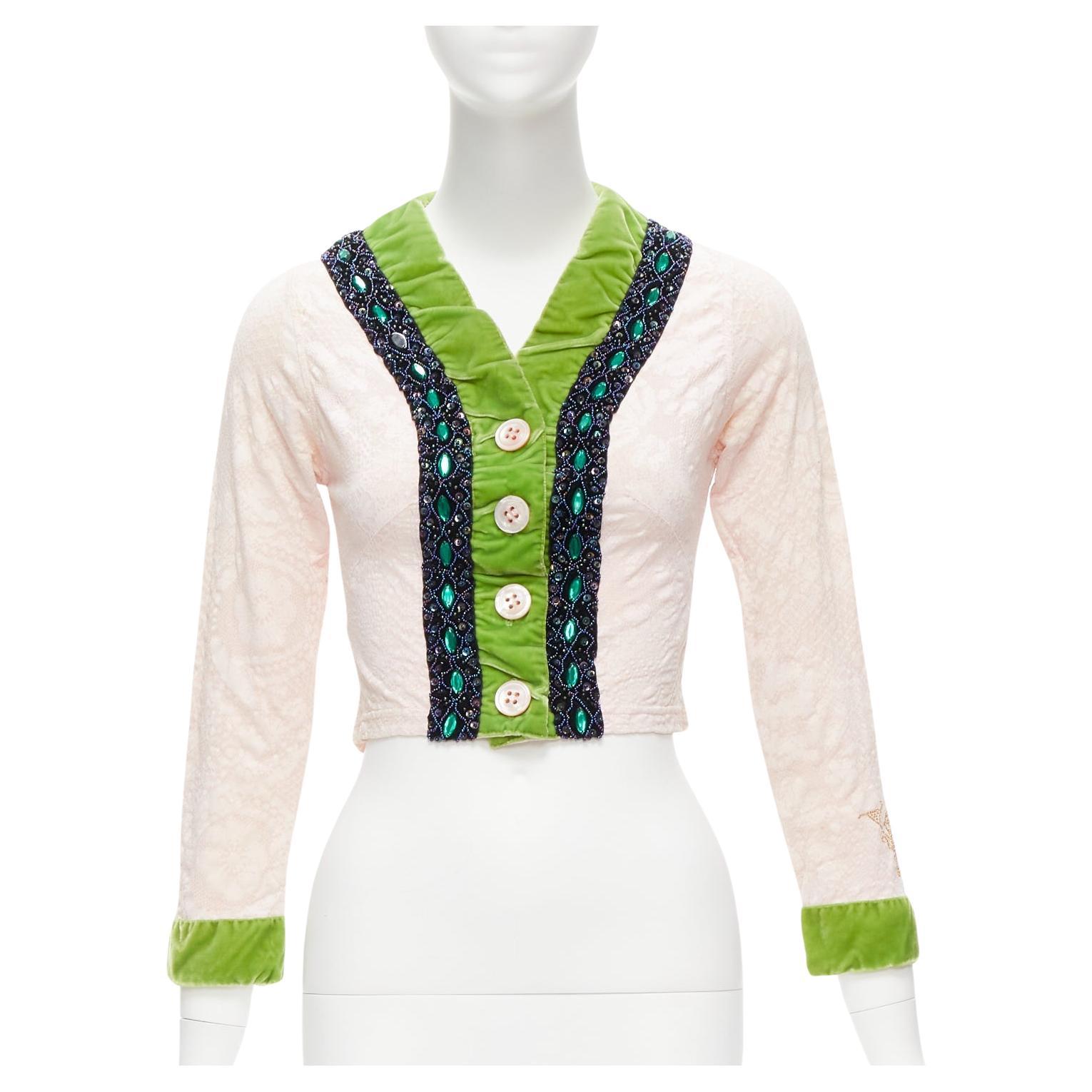 VOYAGE INVEST IN THE ORIGINAL LONDON green velvet pink lace beaded jacket M For Sale