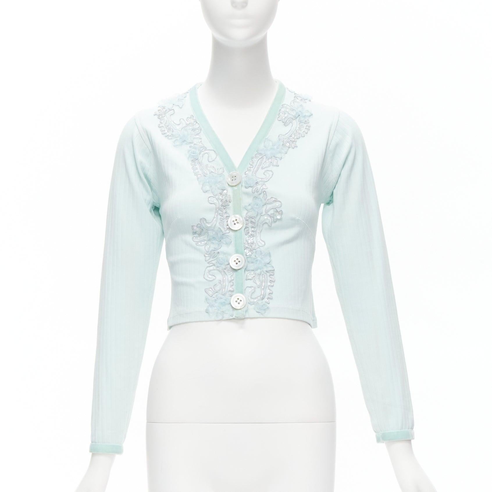 VOYAGE INVEST IN THE ORIGINAL LONDON mint blue embellished velvet cardigan S In Fair Condition For Sale In Hong Kong, NT