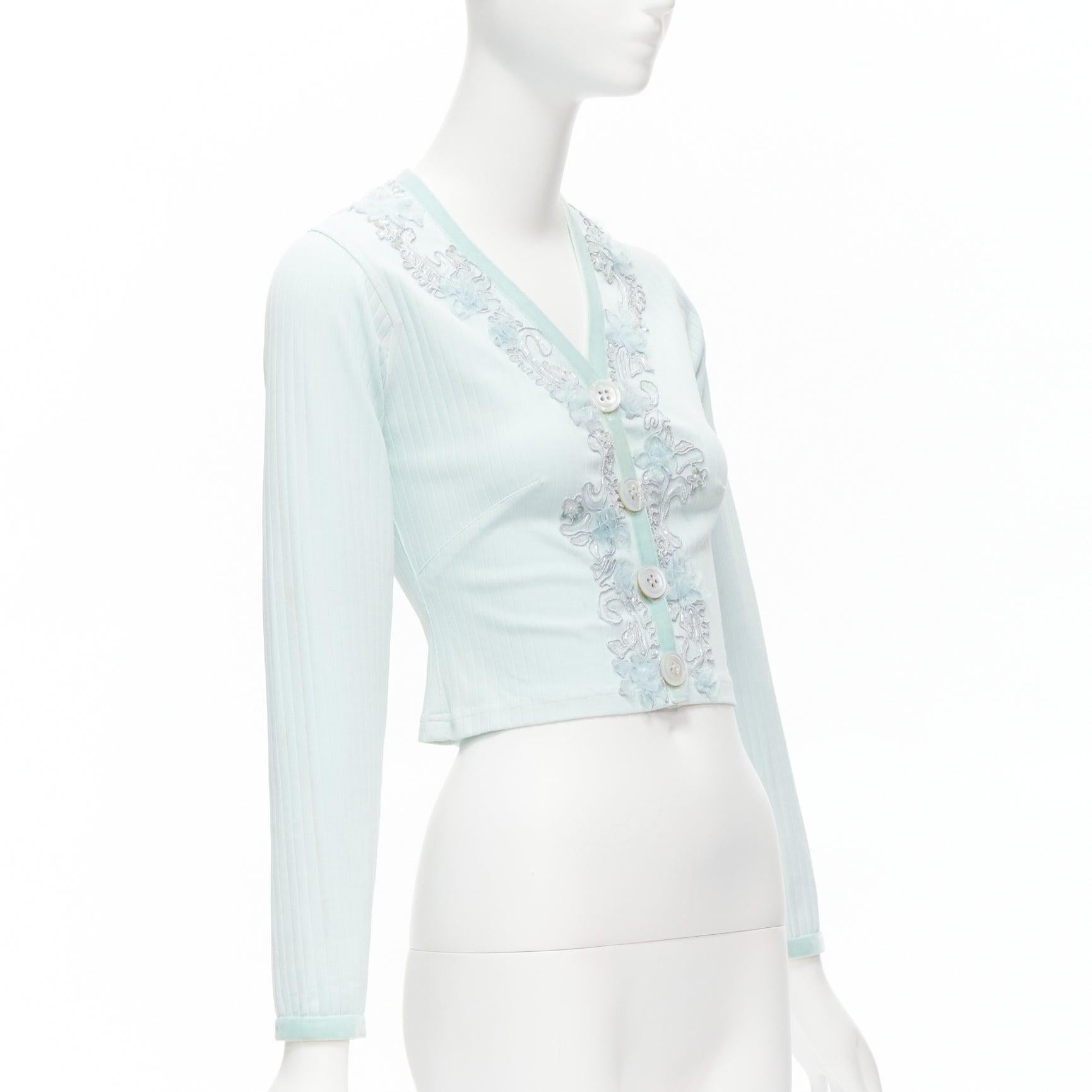 VOYAGE INVEST IN THE ORIGINAL LONDON mint blue embellished velvet cardigan S In Fair Condition In Hong Kong, NT