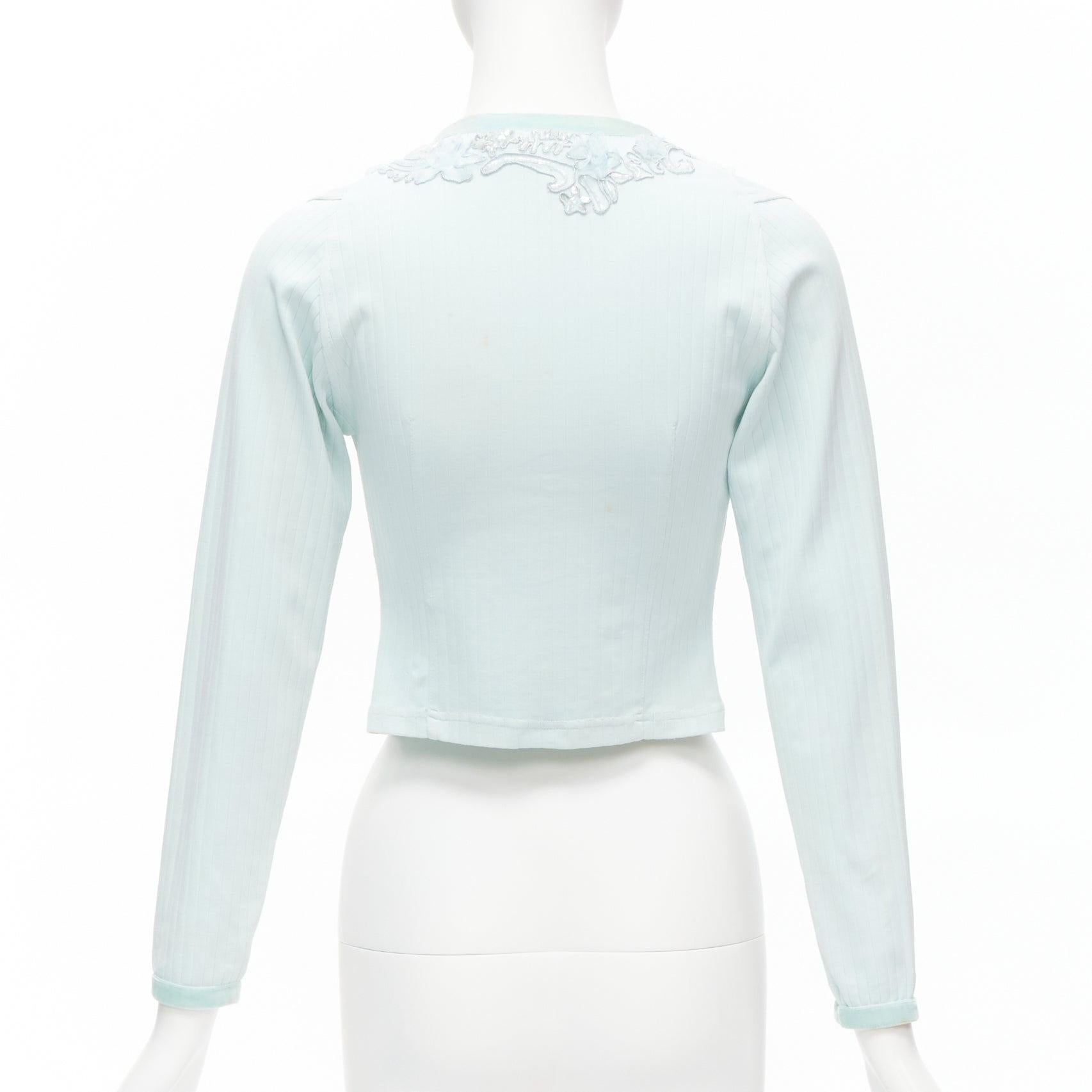 VOYAGE INVEST IN THE ORIGINAL LONDON mint blue embellished velvet cardigan S For Sale 2