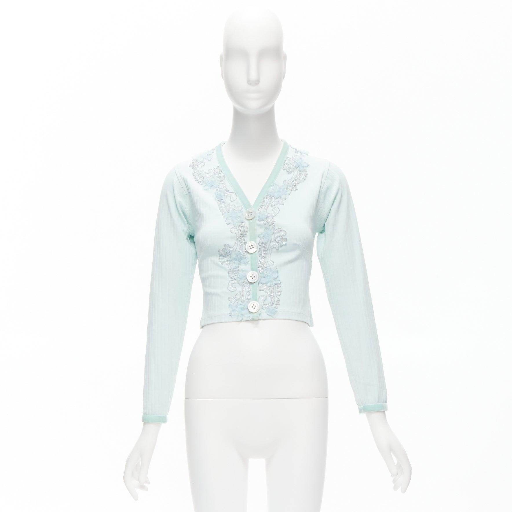 VOYAGE INVEST IN THE ORIGINAL LONDON mint blue embellished velvet cardigan S 4