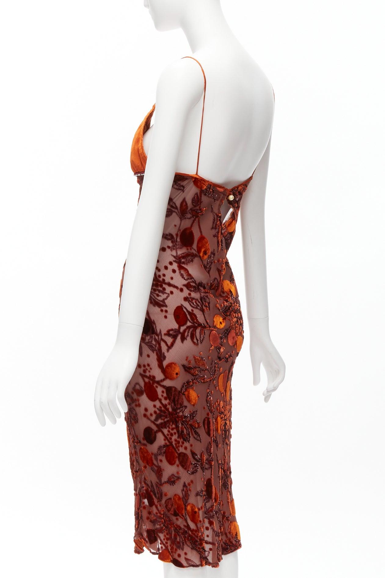 VOYAGE INVEST IN THE ORIGINAL LONDON orange satin velvet embroidery midi dress 1
