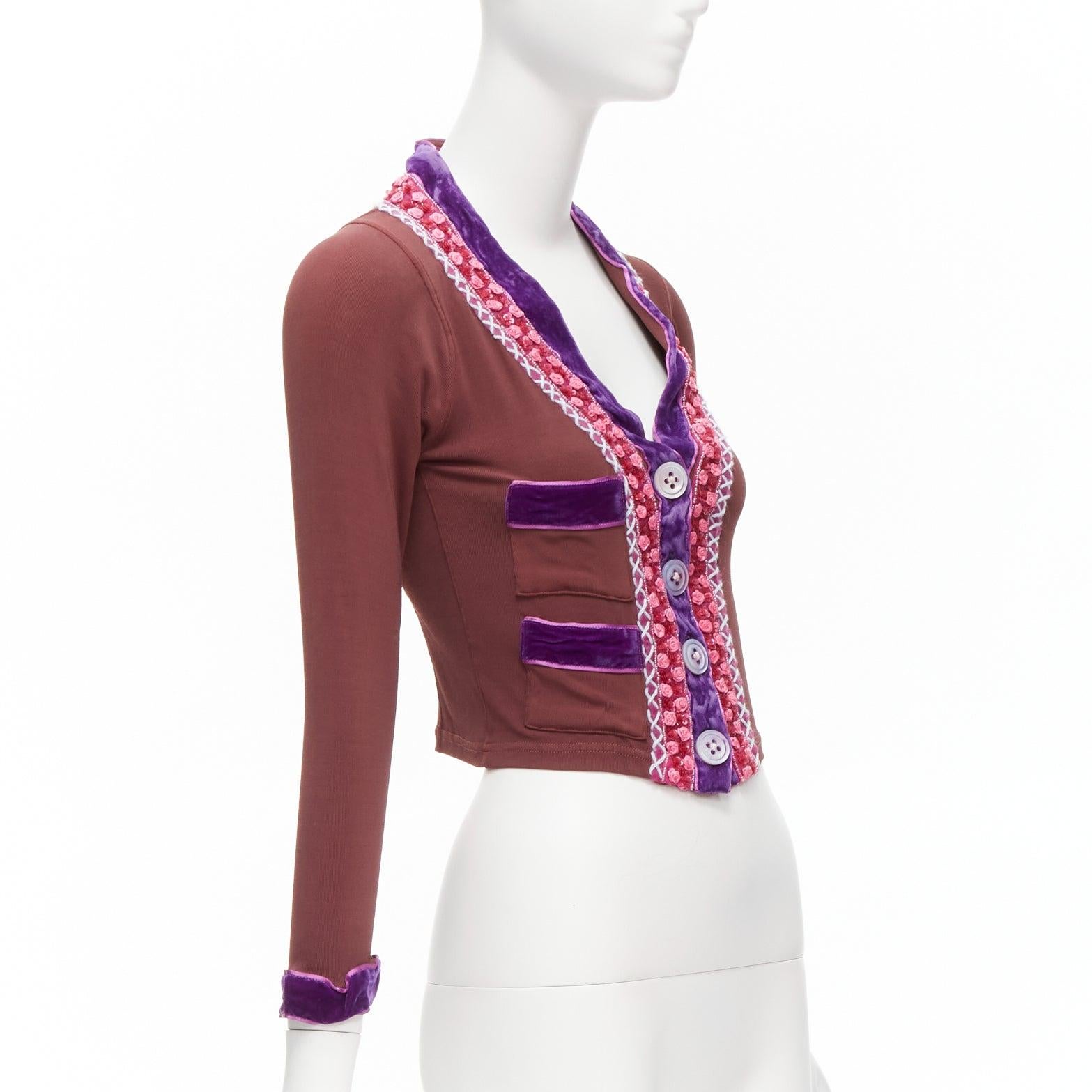 VOYAGE INVEST IN THE ORIGINAL LONDON purple velvet pink beads brown cardigan M In Excellent Condition In Hong Kong, NT