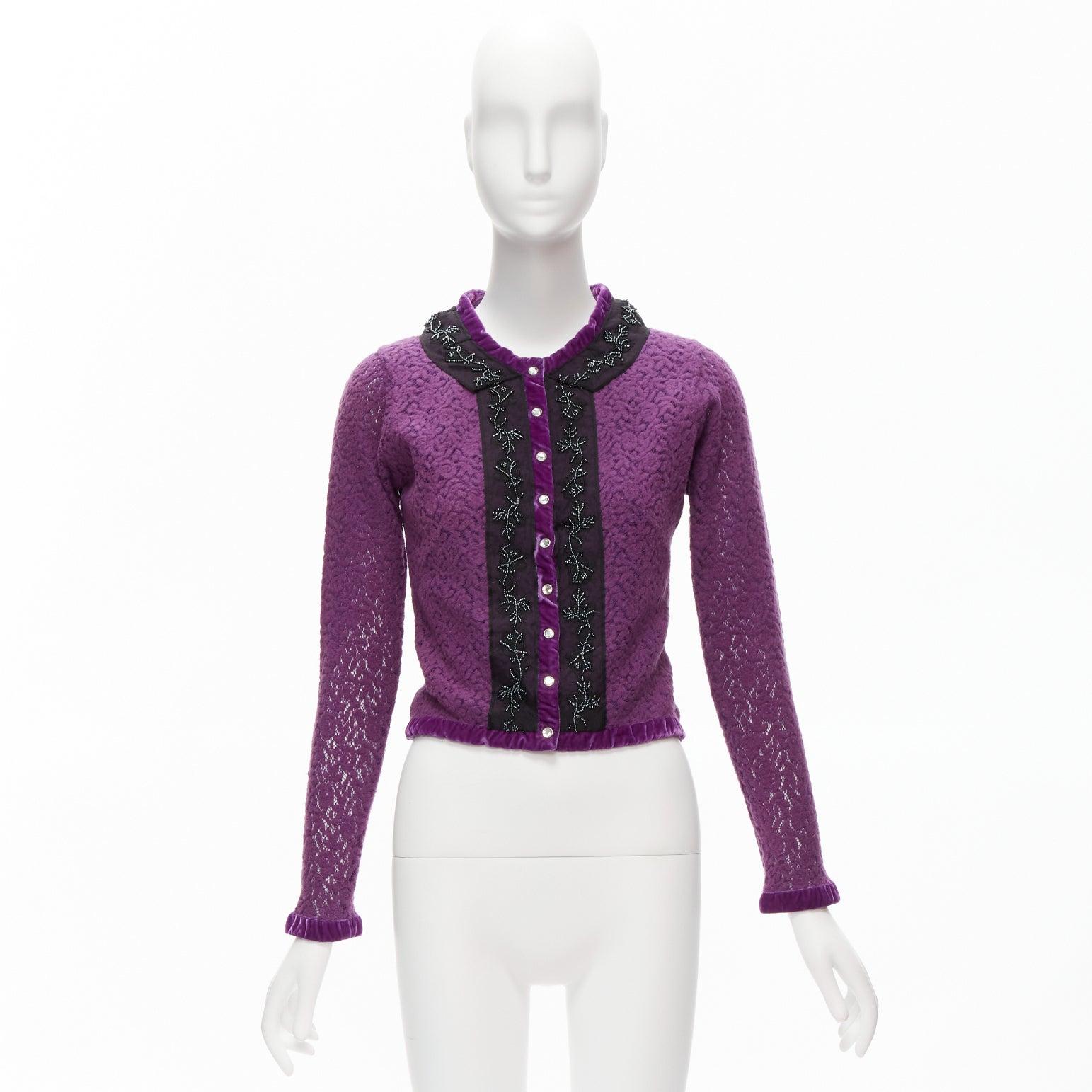VOYAGE INVEST IN THE ORIGINAL LONDON purple wool black lace velvet cardigan M For Sale 5