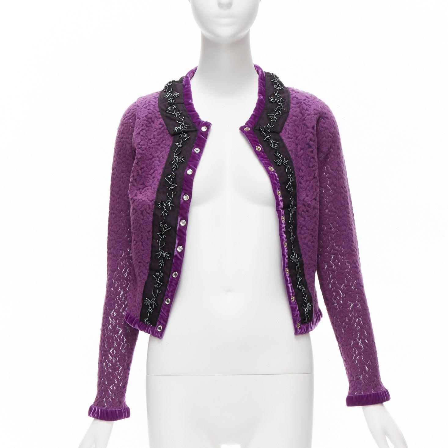Purple VOYAGE INVEST IN THE ORIGINAL LONDON purple wool black lace velvet cardigan M For Sale