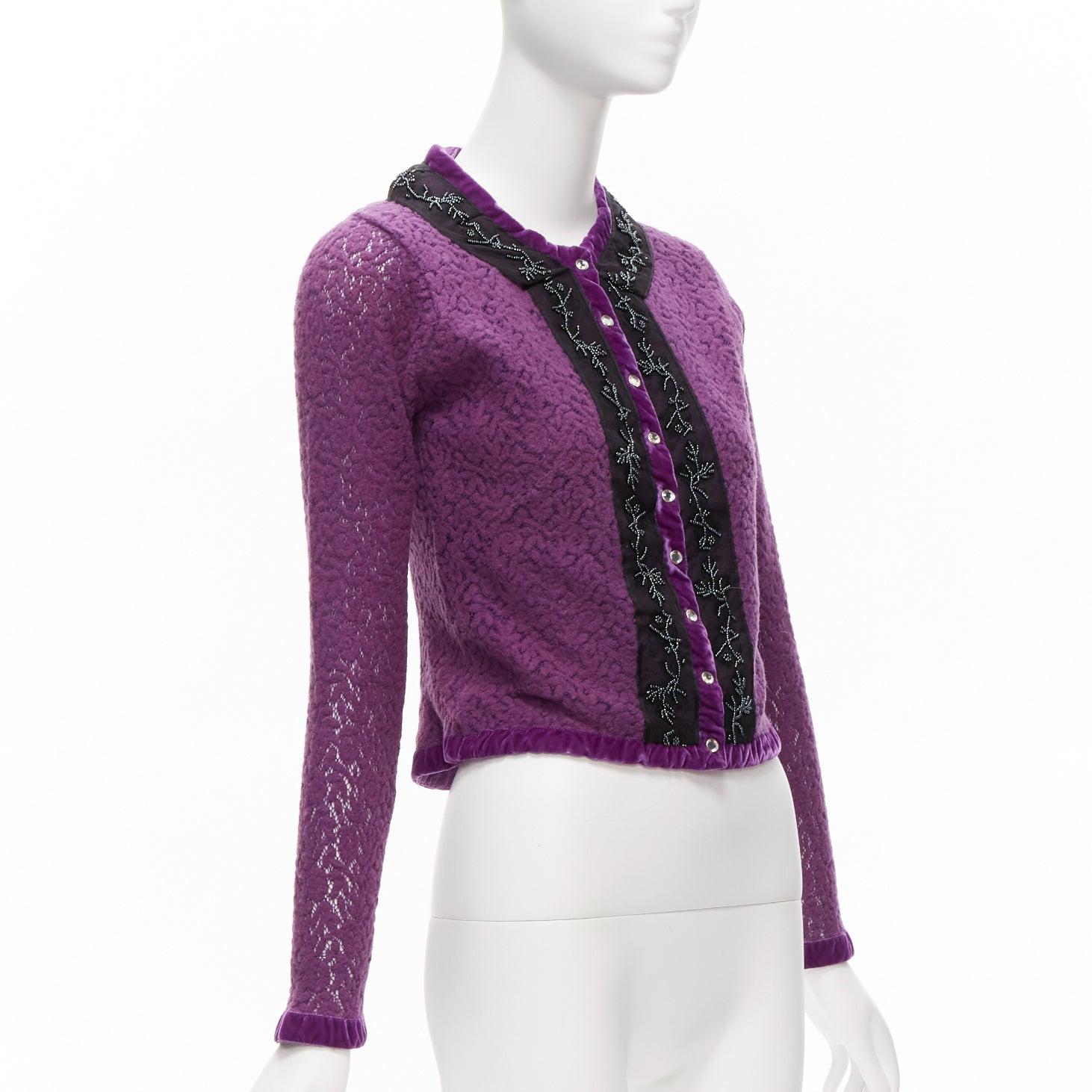 VOYAGE INVEST IN THE ORIGINAL LONDON purple wool black lace velvet cardigan M In Excellent Condition For Sale In Hong Kong, NT
