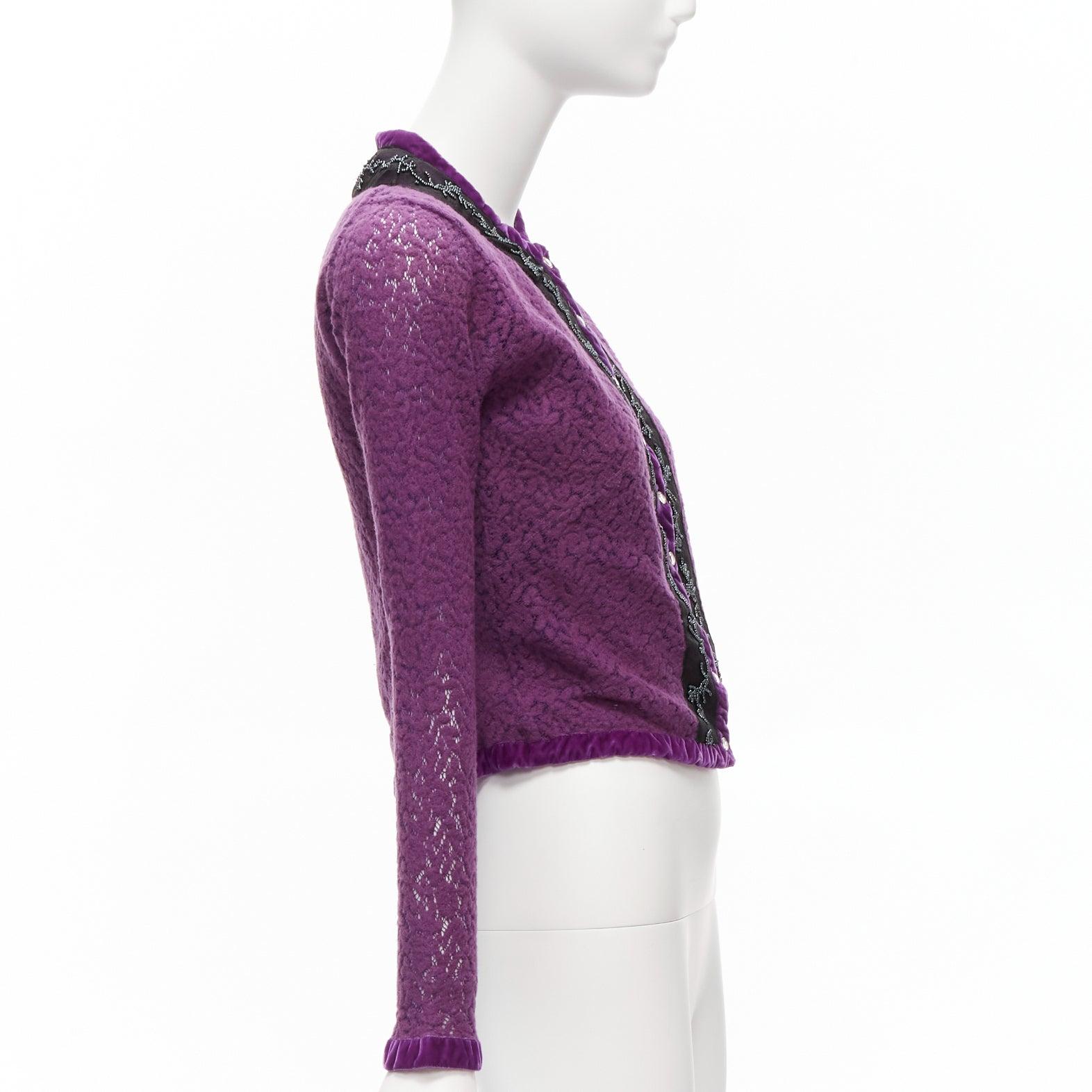 Women's VOYAGE INVEST IN THE ORIGINAL LONDON purple wool black lace velvet cardigan M For Sale