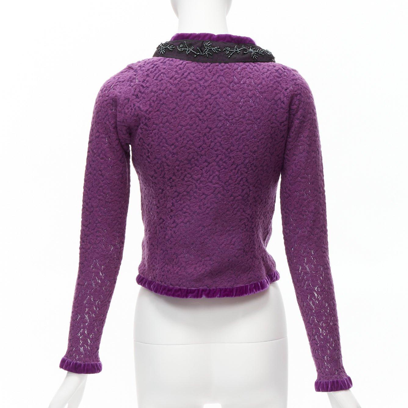 VOYAGE INVEST IN THE ORIGINAL LONDON purple wool black lace velvet cardigan M For Sale 1