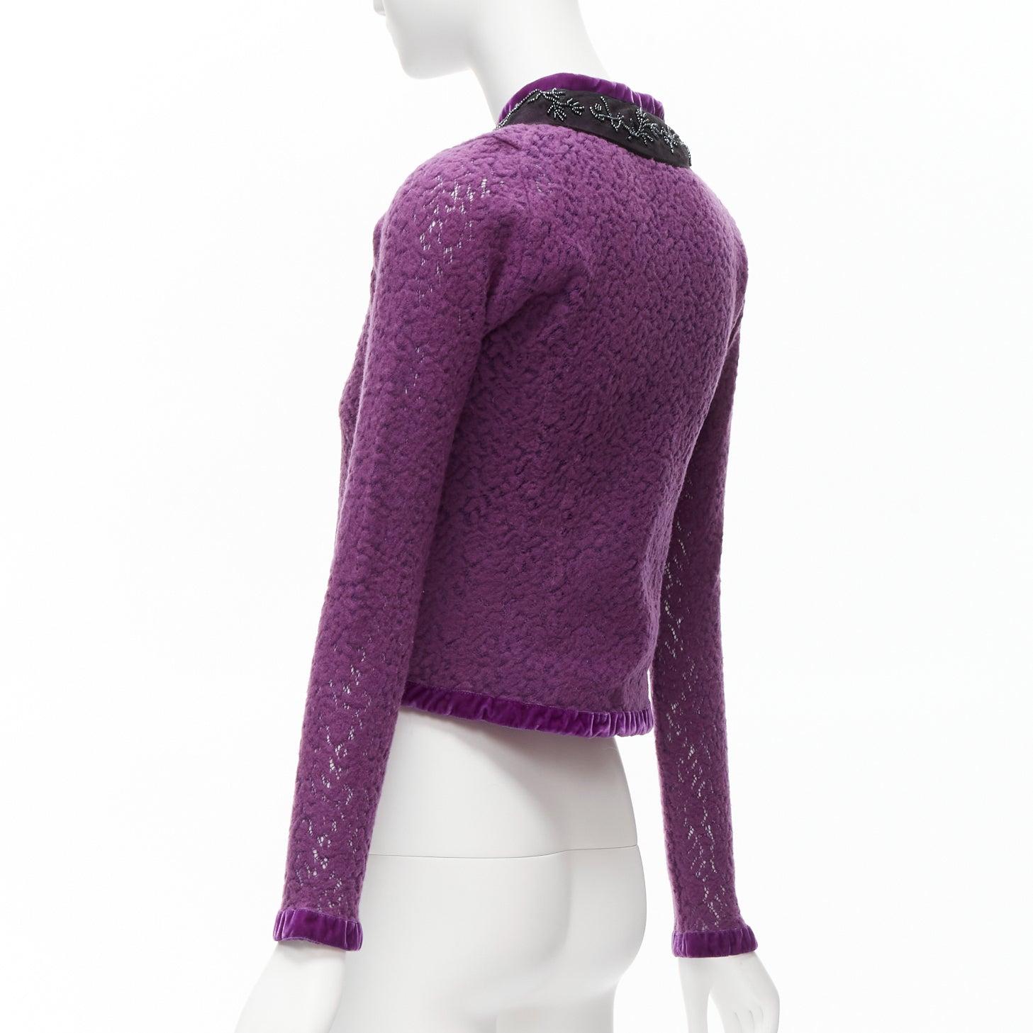 VOYAGE INVEST IN THE ORIGINAL LONDON purple wool black lace velvet cardigan M For Sale 2