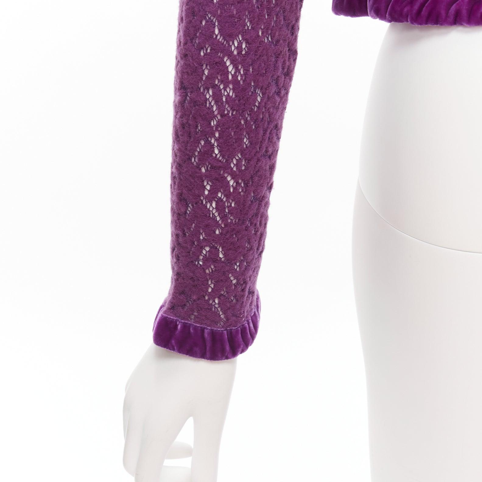 VOYAGE INVEST IN THE ORIGINAL LONDON purple wool black lace velvet cardigan M For Sale 3