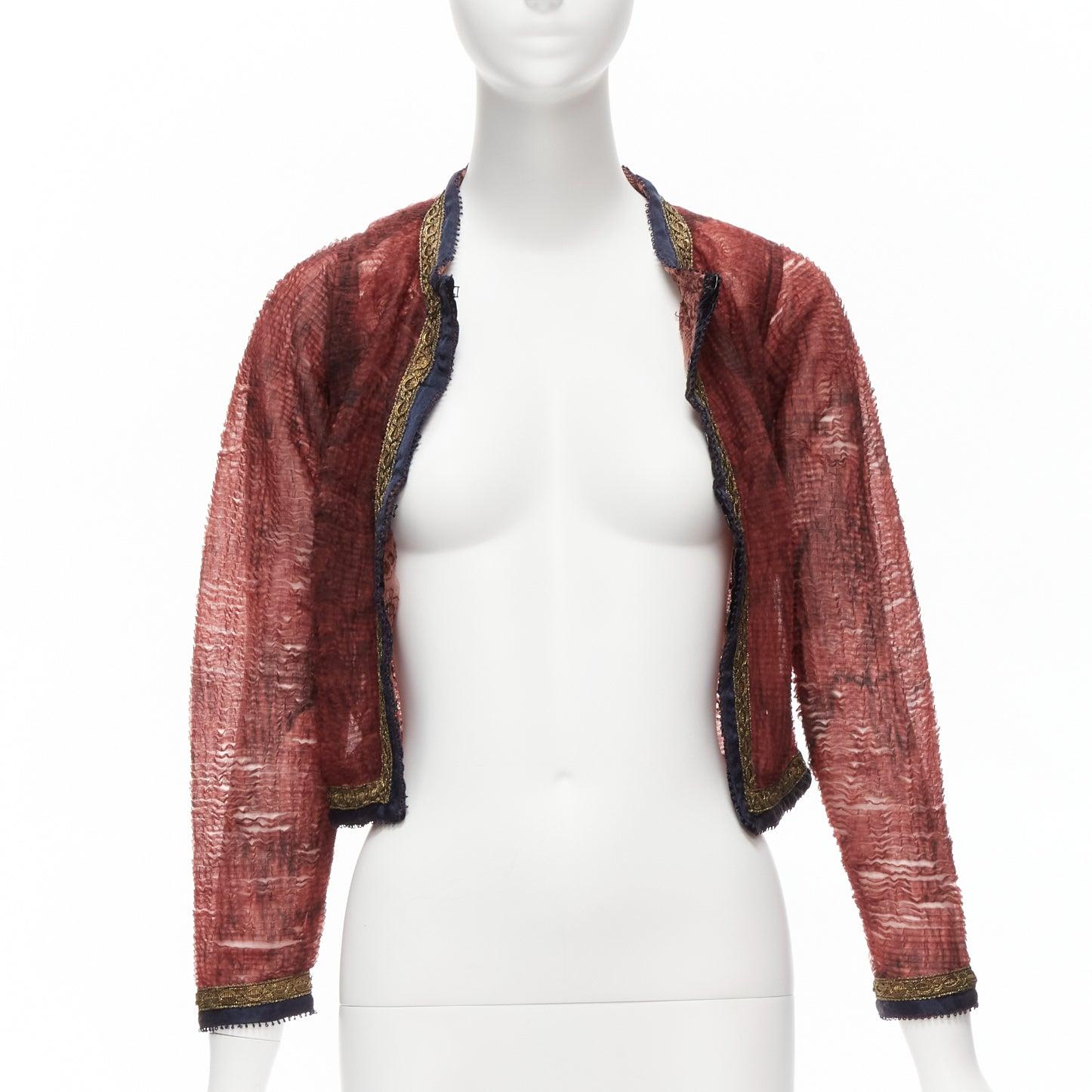 Brown VOYAGE INVEST IN THE ORIGINAL LONDON sheer gold satin lace trim cropped jacket For Sale