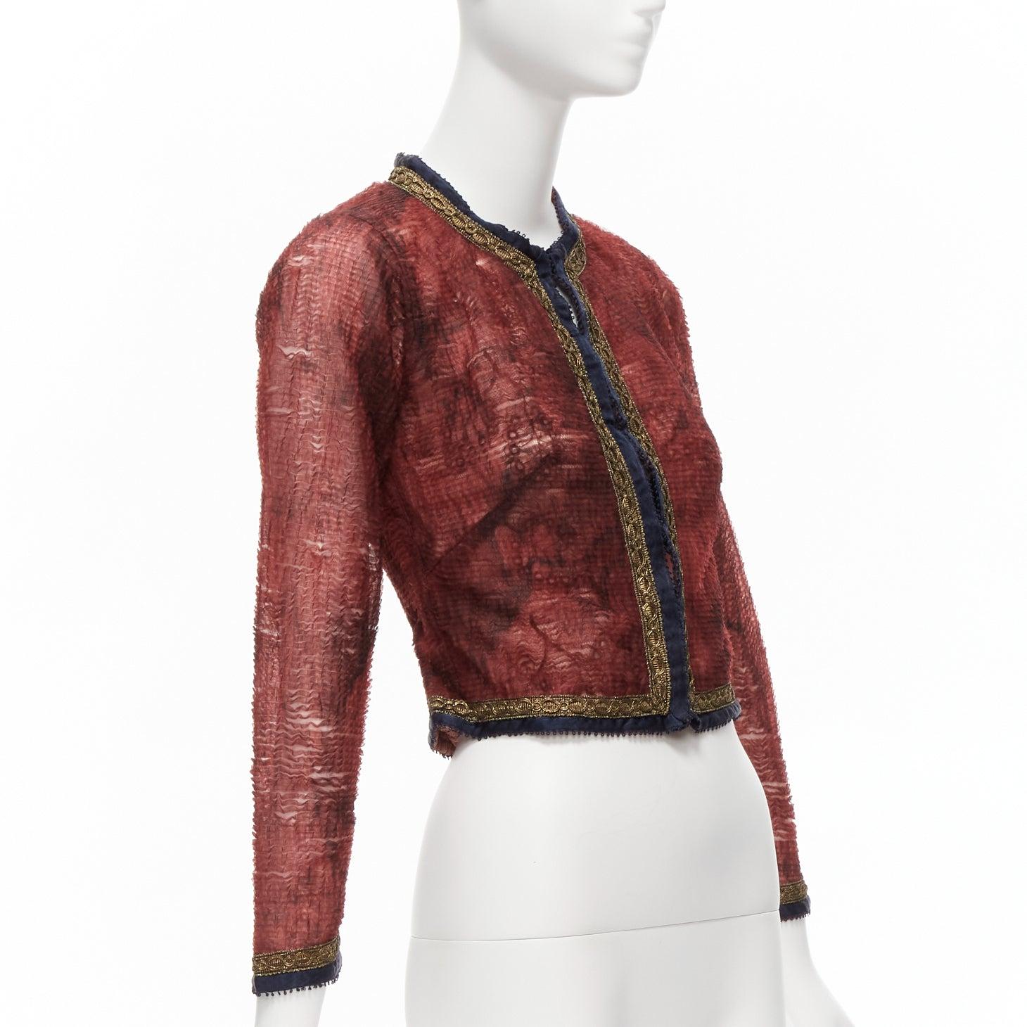 VOYAGE INVEST IN THE ORIGINAL LONDON sheer gold satin lace trim cropped jacket In Excellent Condition For Sale In Hong Kong, NT