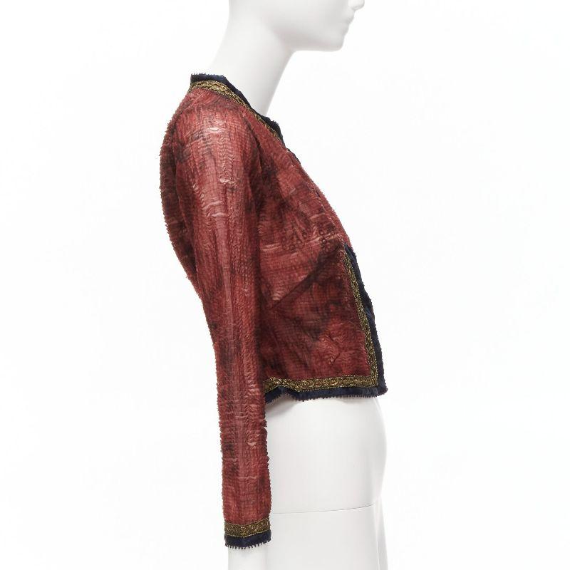 Women's VOYAGE INVEST IN THE ORIGINAL LONDON sheer gold satin lace trim cropped jacket For Sale