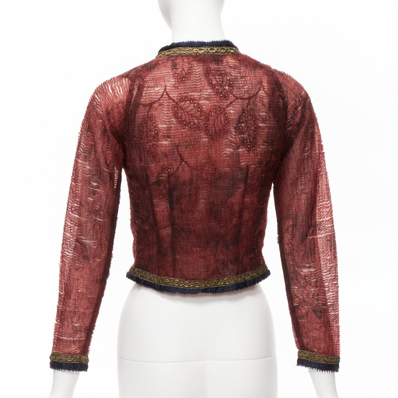 VOYAGE INVEST IN THE ORIGINAL LONDON sheer gold satin lace trim cropped jacket For Sale 1