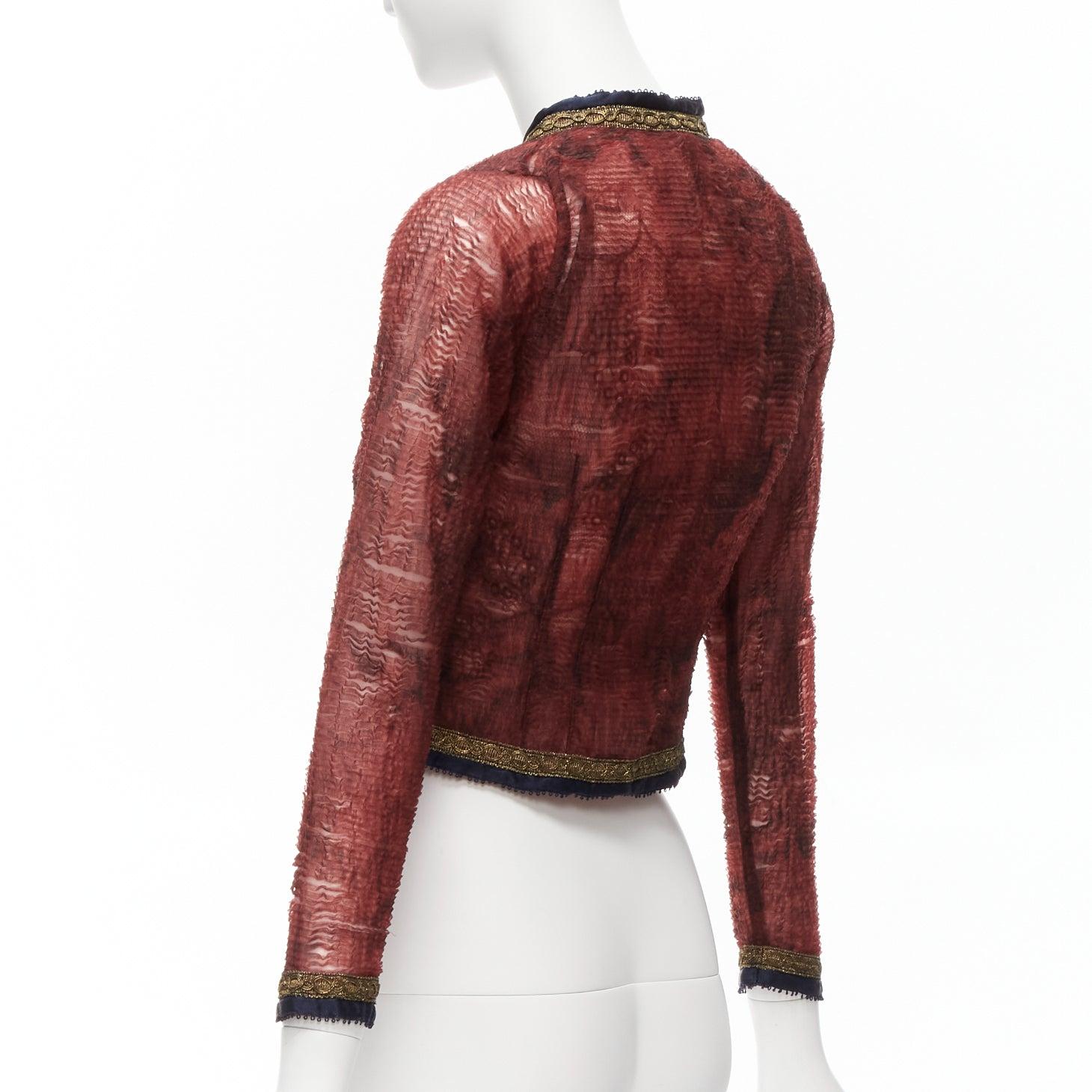 VOYAGE INVEST IN THE ORIGINAL LONDON sheer gold satin lace trim cropped jacket For Sale 2