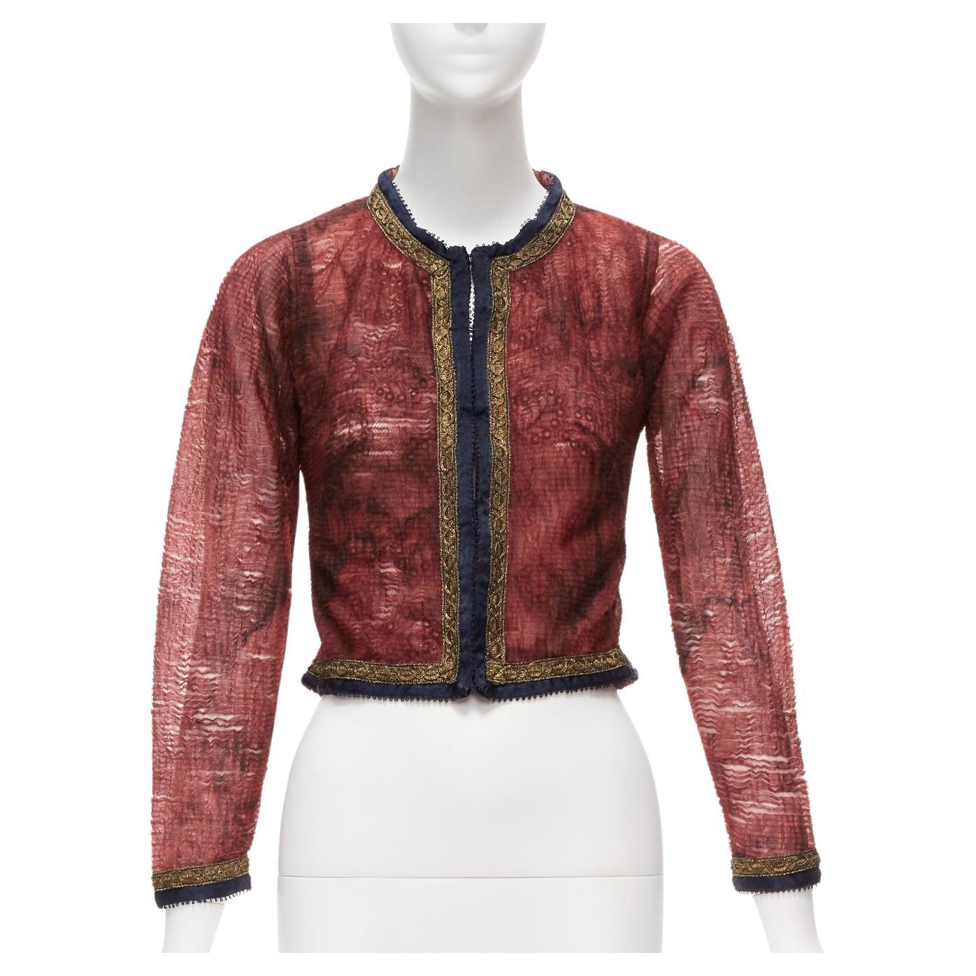 VOYAGE INVEST IN THE ORIGINAL LONDON sheer gold satin lace trim cropped jacket For Sale