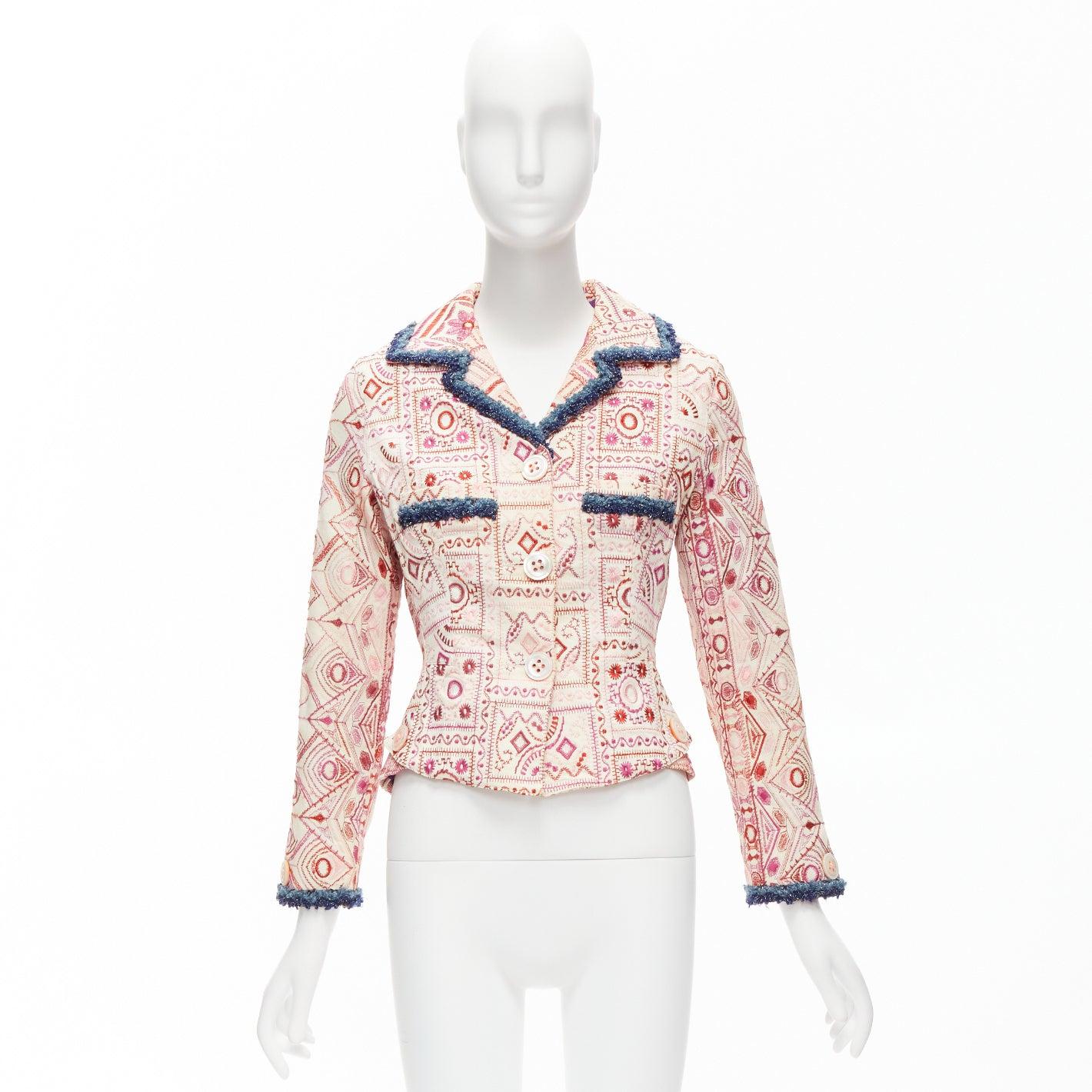 VOYAGE INVEST IN THE ORIGINAL LONDON white embroider blue boucle peplum jacket M 5