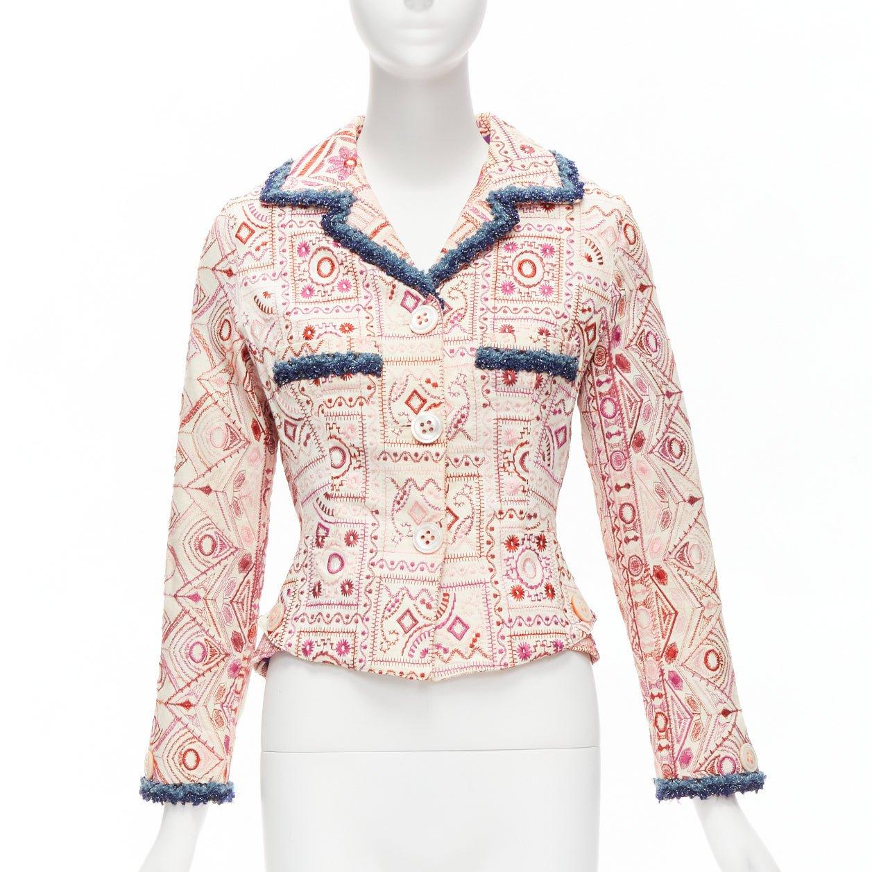 Beige VOYAGE INVEST IN THE ORIGINAL LONDON white embroider blue boucle peplum jacket M