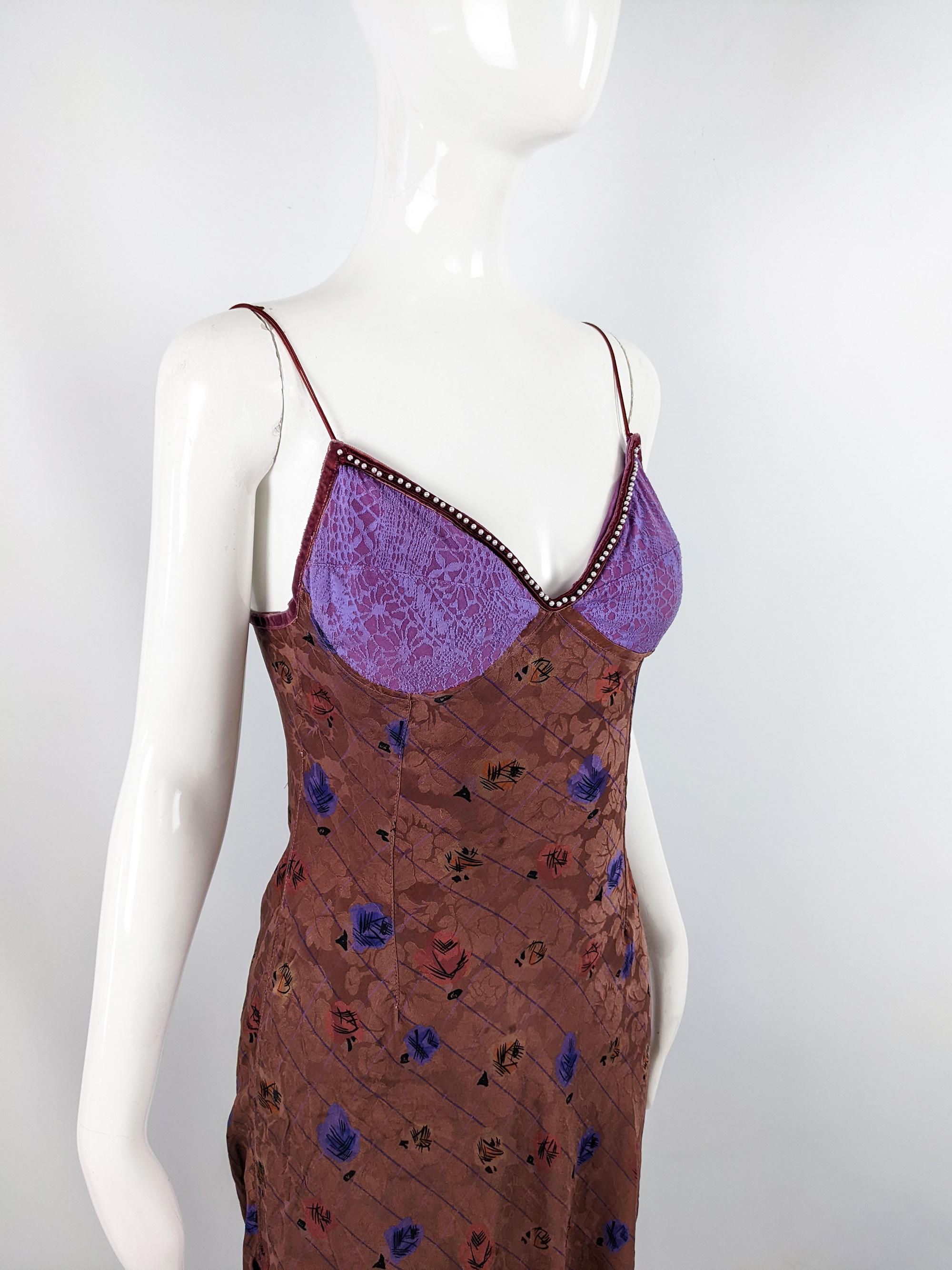 Black Voyage London Vintage Womens Y2K Brown Satin & Purple Lace 90s Slip Dress, 1990s For Sale