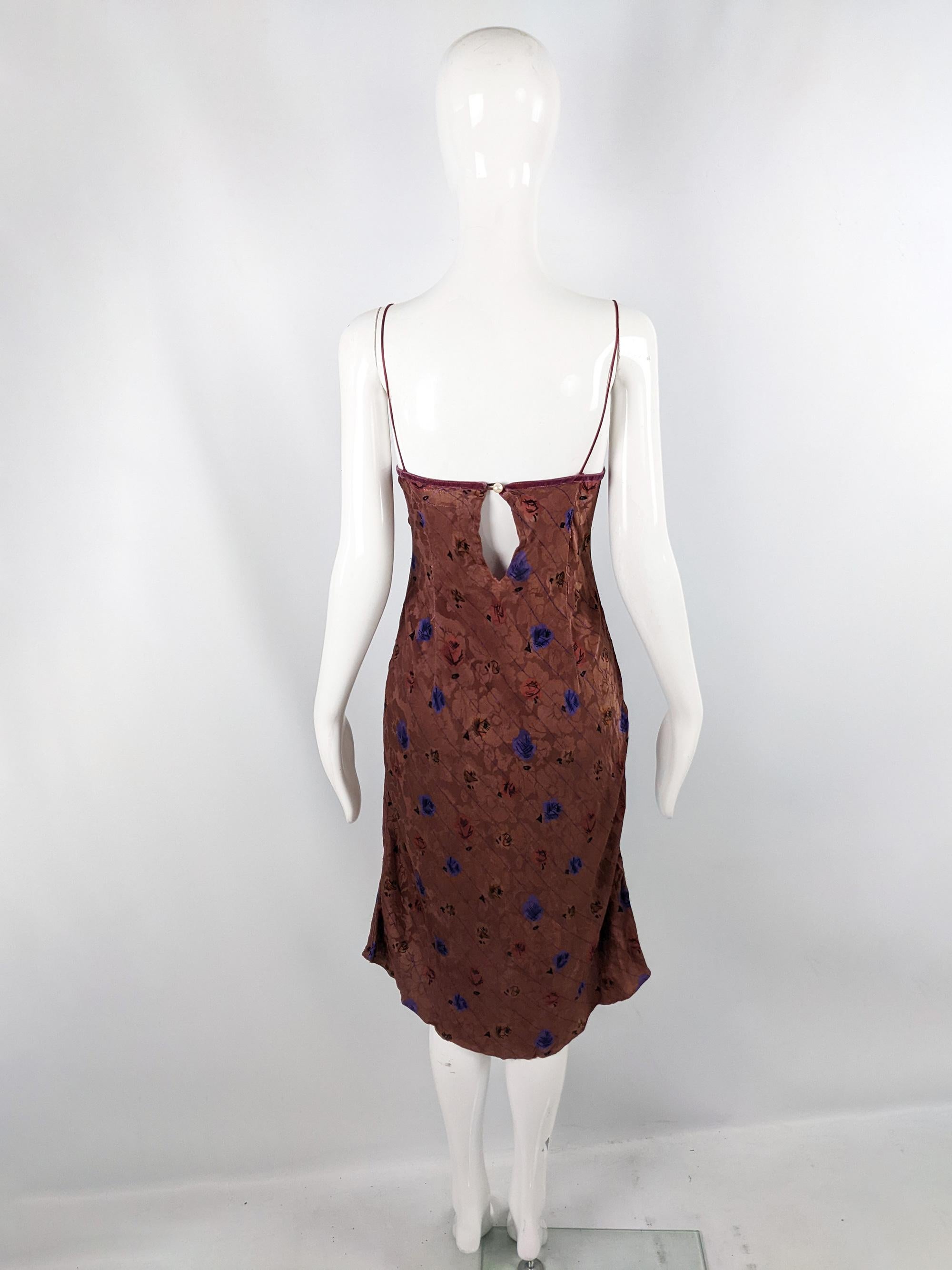 Voyage London Vintage Womens Y2K Brown Satin & Purple Lace 90s Slip Dress, 1990s In Good Condition For Sale In Doncaster, South Yorkshire