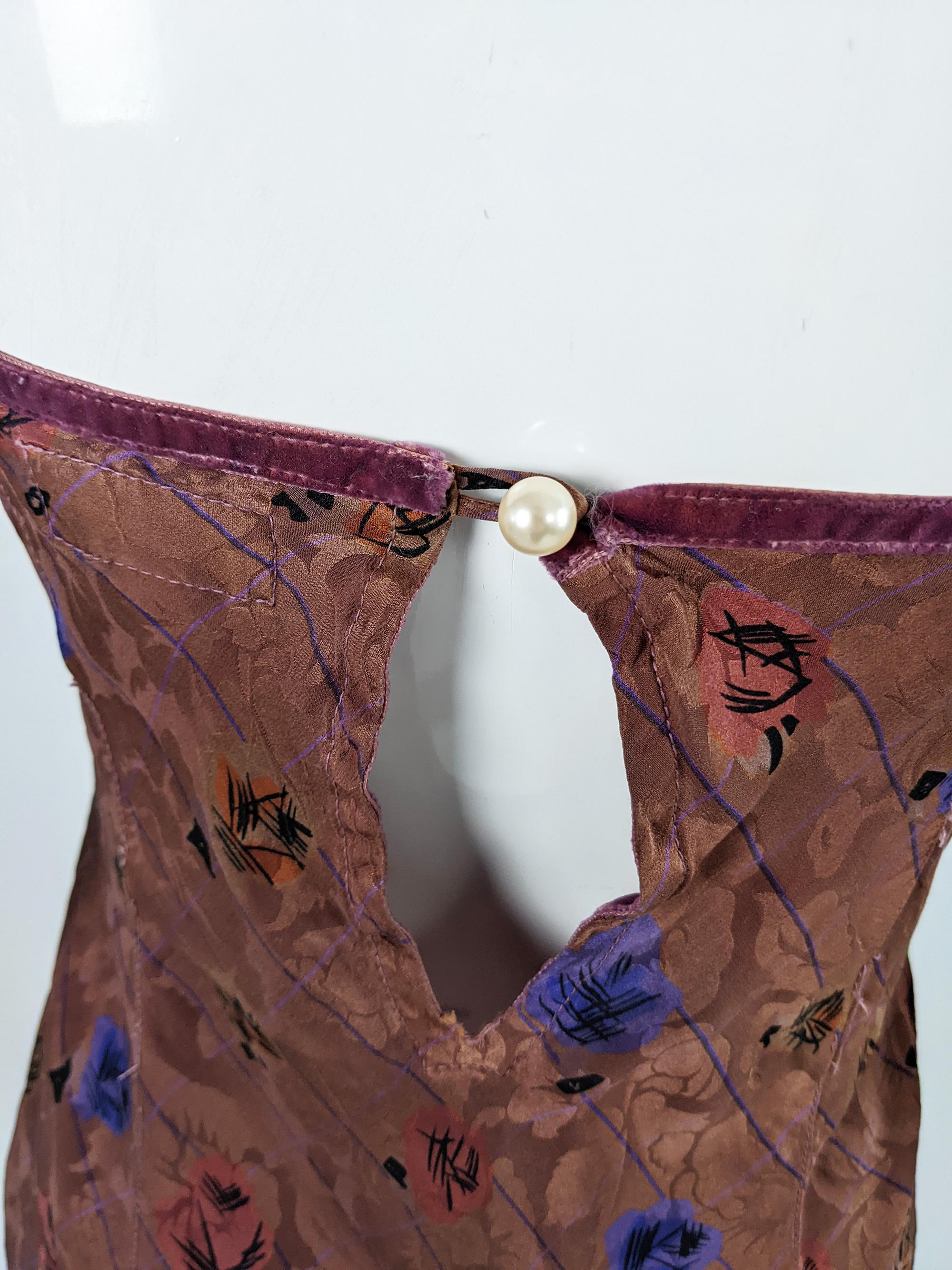 Women's Voyage London Vintage Womens Y2K Brown Satin & Purple Lace 90s Slip Dress, 1990s For Sale