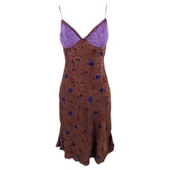 Voyage London Vintage Womens Y2K Brown Satin & Purple Lace 90s Slip Dress, 1990s